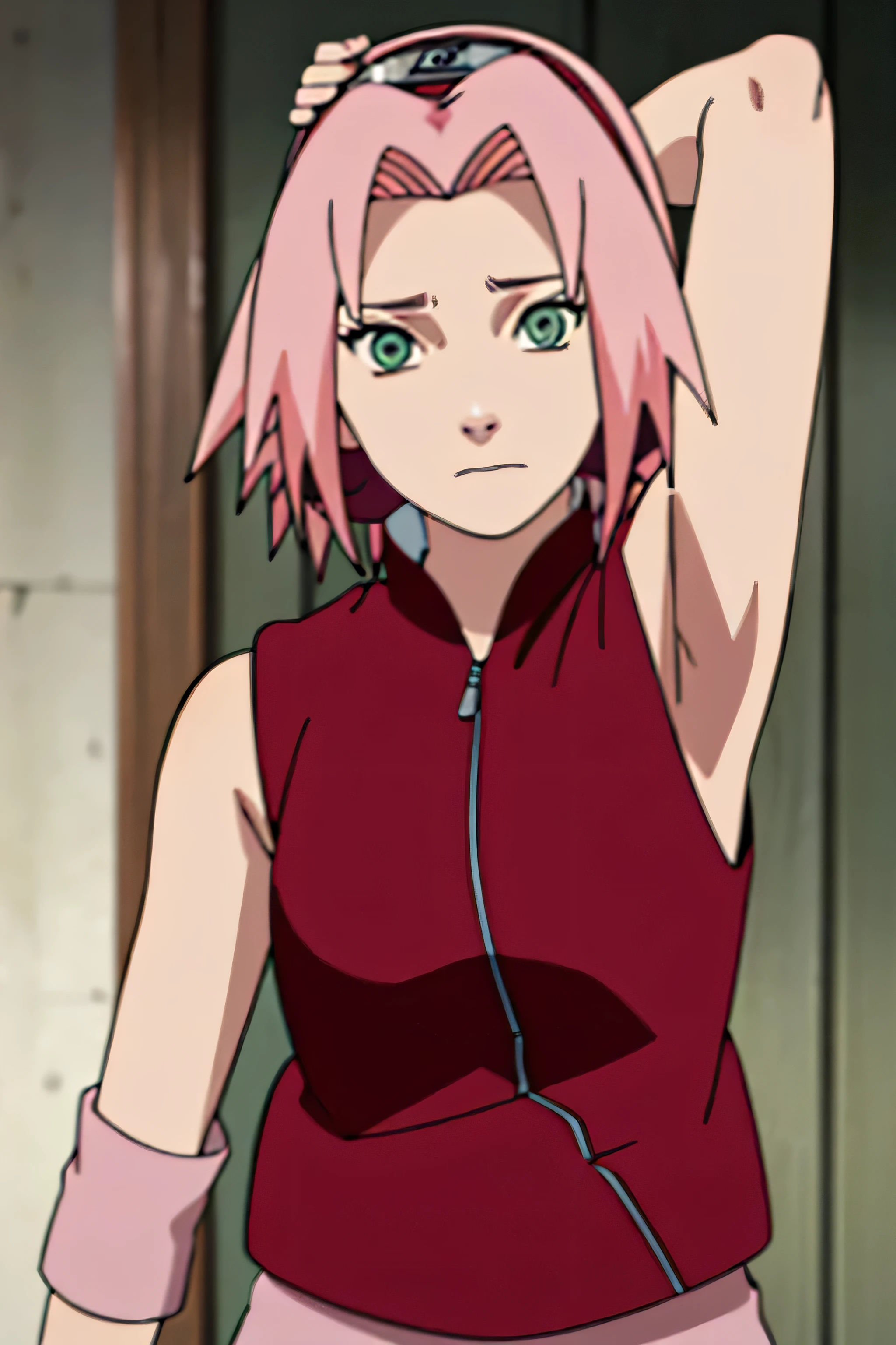 sakura haruno, sleeveless, red jacket, forehead protector, konohagakure symbol, arms behind head, armpits, showing armpits, posing, green eyes, perfect proportions, sakura shippuden