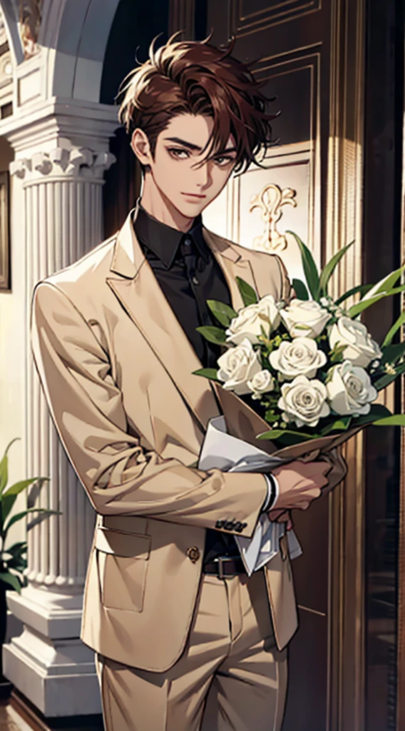 (absurdos, Altas, ultra detalhado), master part, a 1male holding a bouquet, sozinho. Handsome. short hair, olho fino, Rosto detalhado, sweater, beige pants, Sorriso leve. Estilo Realista