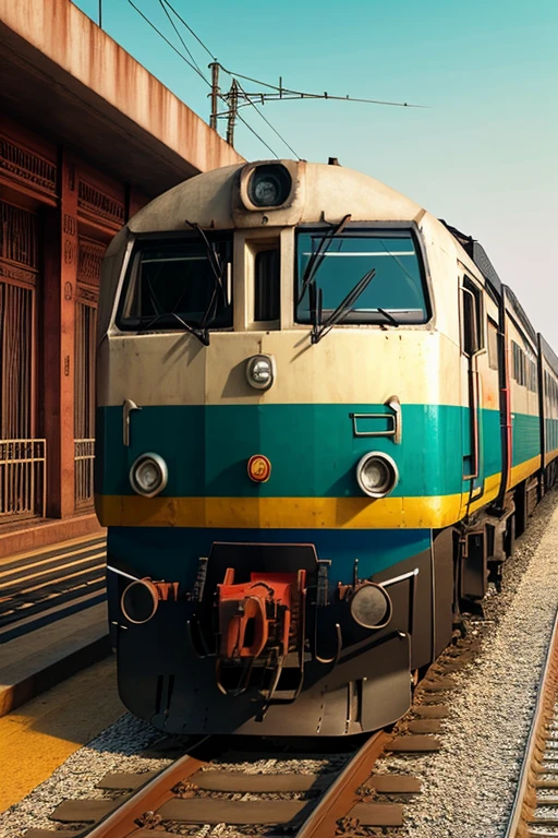 Generate a realistic image of an Indian train. The train should have the distinctive features typical of Indian Railways, including the colors, logos, and design elements. The background should be completely white to ensure the train stands out clearly. The image should look as authentic as possible, capturing the essence of an actual Indian train."