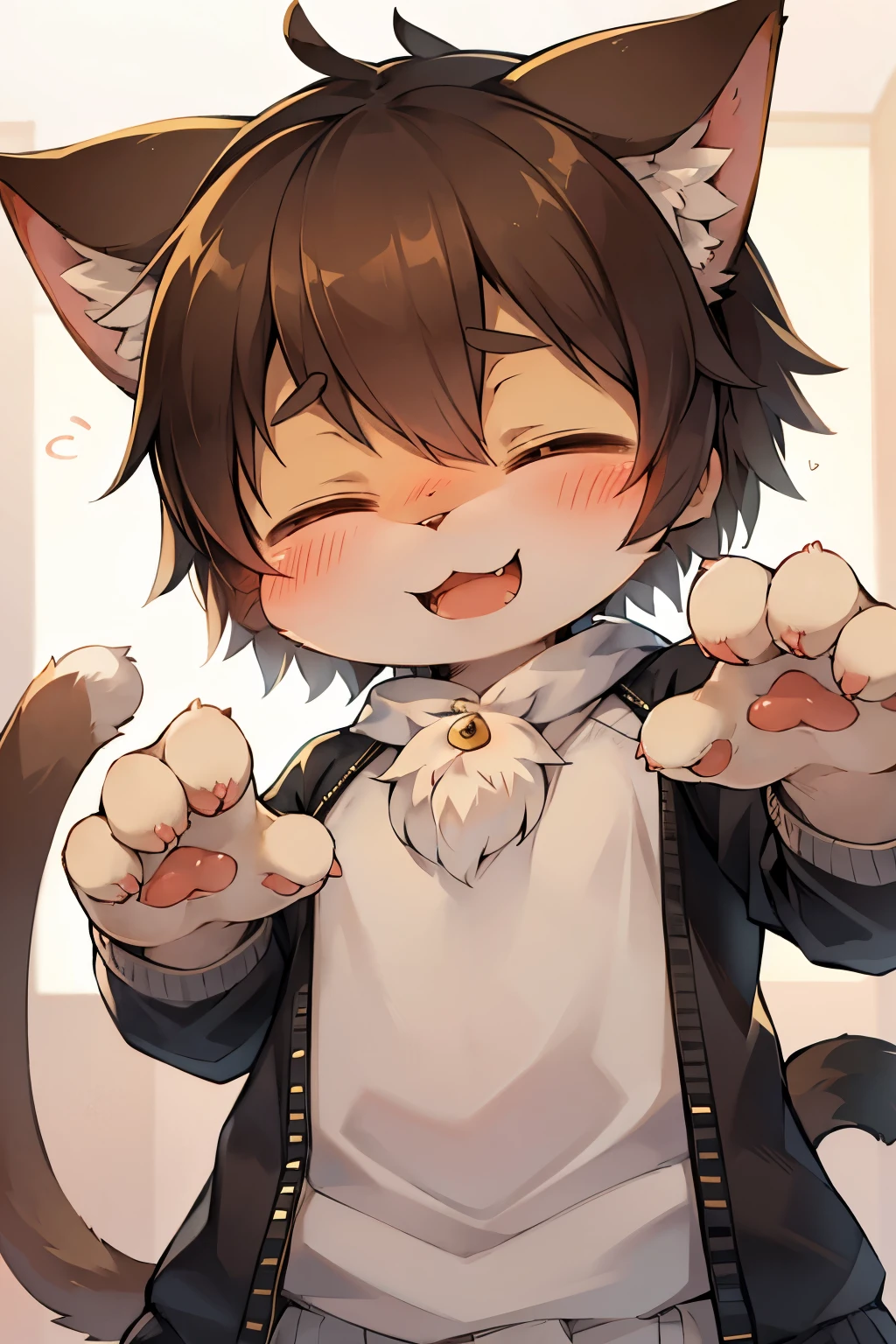 Kemoshota, close-up, paw pose, short height, short statue, cat whiskers, cat tail, smiling, closed eyes, open mouth, blush, tusk, looking up, happy, meoooooooooowwwwww