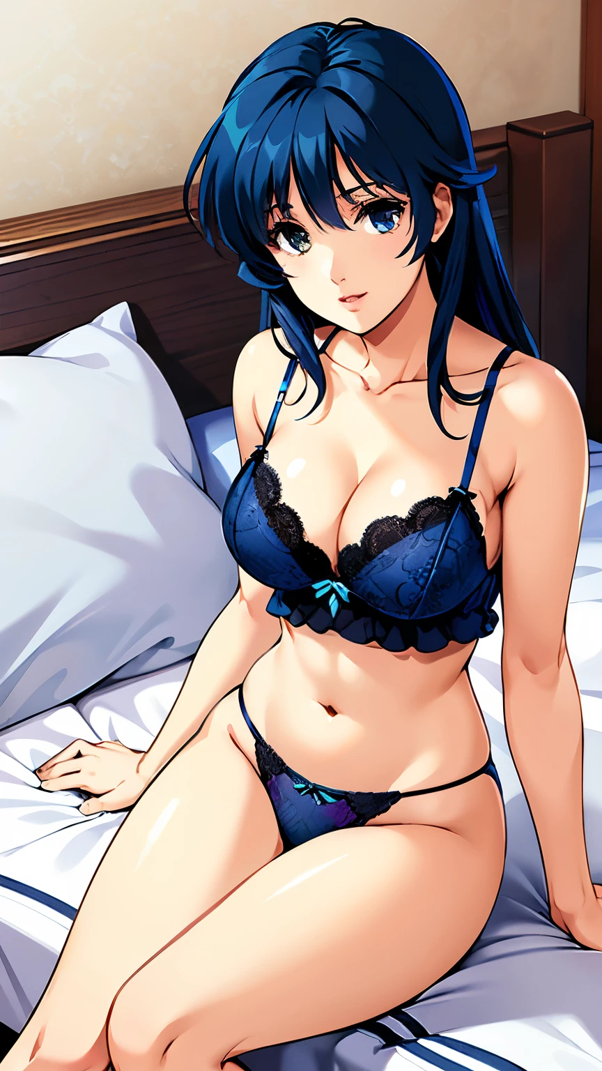 LynnMinmay, 1girl, solo, black hair, ultra-detailed, best quality, masterpiece, illustration, game cg, lingerie, bed, sitting