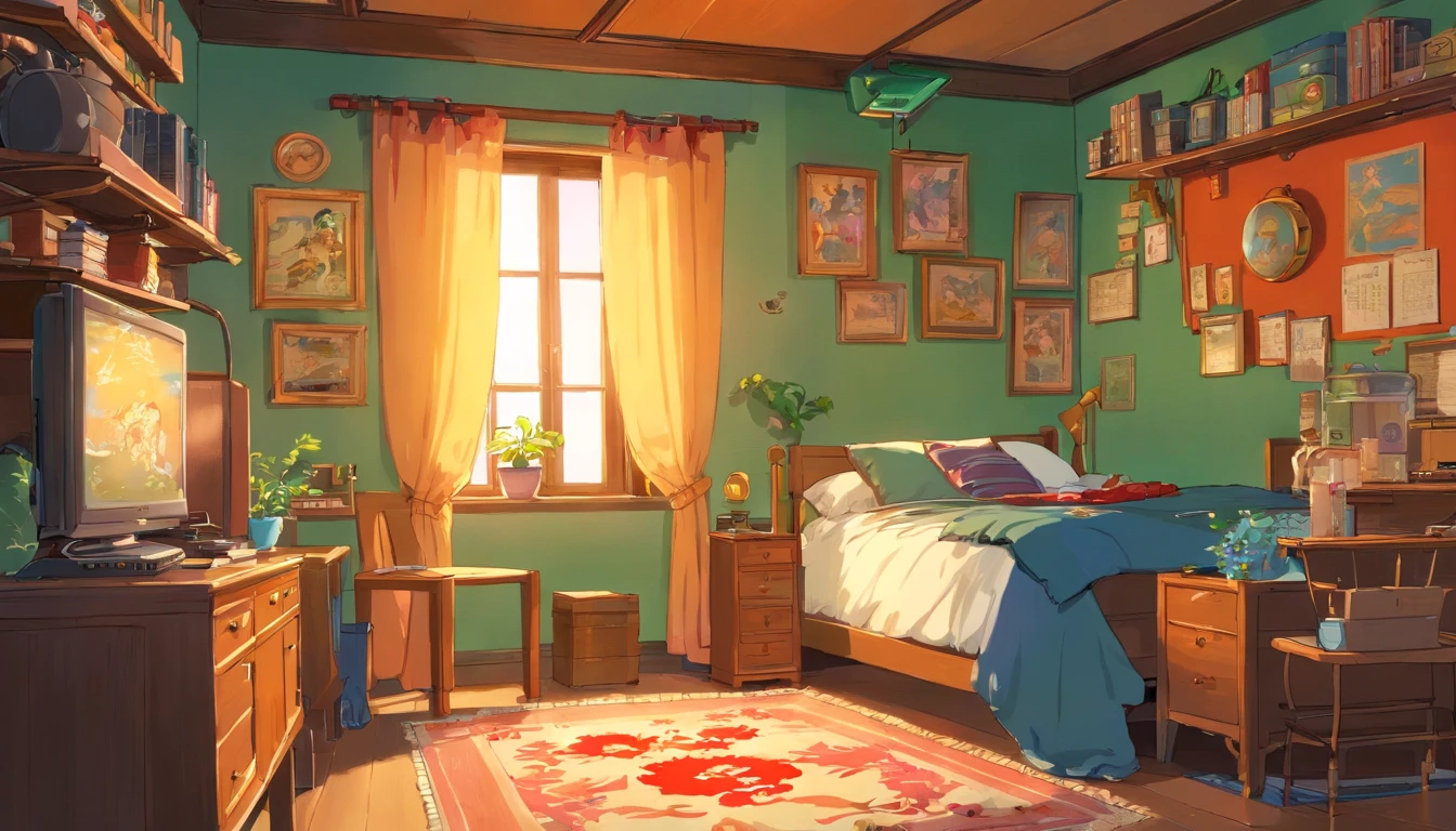 Garota de 25 anos, hacker chinesa, em seu quarto aconchegante, the camera is far from the girl. Seu quarto tem varias estantes com livros e enfeites. Seu quarto tem varias orateleiras nas paredes com enfeites.