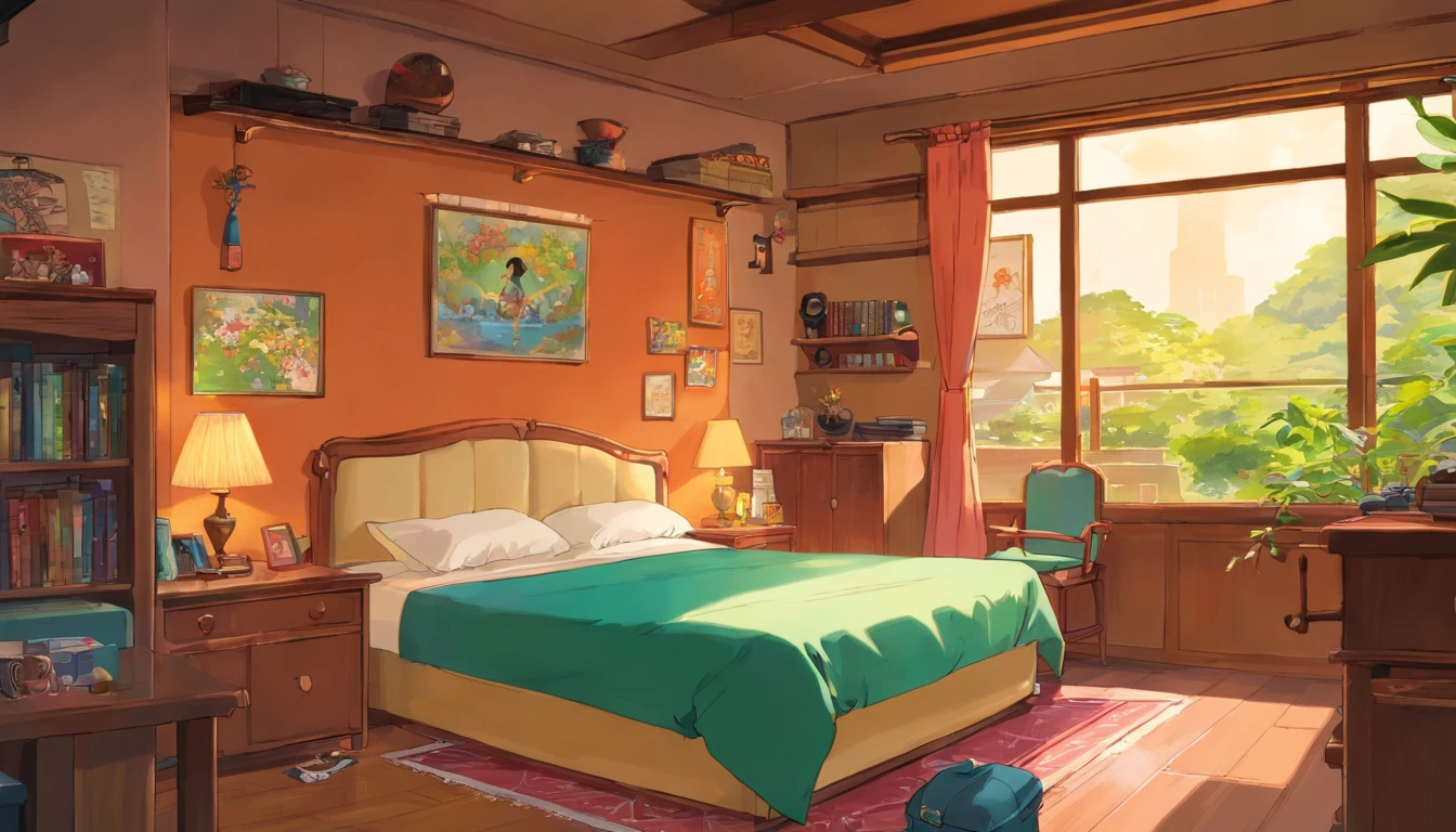 Garota de 25 anos, hacker chinesa, em seu quarto aconchegante, the camera is far from the girl. Seu quarto tem varias estantes com livros e enfeites. Seu quarto tem varias orateleiras nas paredes com enfeites.