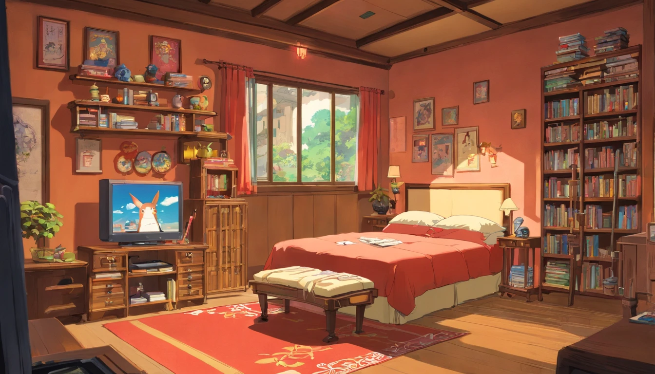 Garota de 25 anos, hacker chinesa, em seu quarto aconchegante, the camera is far from the girl. Seu quarto tem varias estantes com livros e enfeites. Seu quarto tem varias orateleiras nas paredes com enfeites.