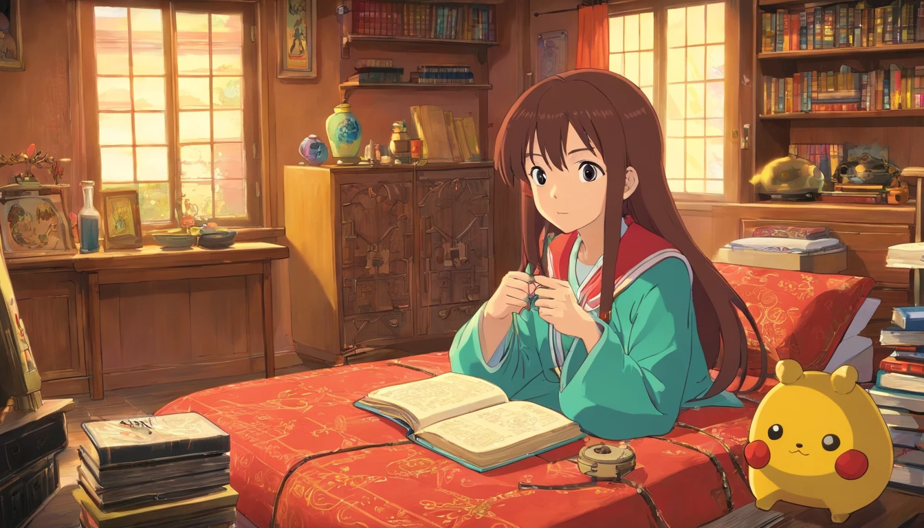Garota de 25 anos, hacker chinesa, em seu quarto aconchegante, the camera is far from the girl. Seu quarto tem varias estantes com livros e enfeites. Seu quarto tem varias orateleiras nas paredes com enfeites.