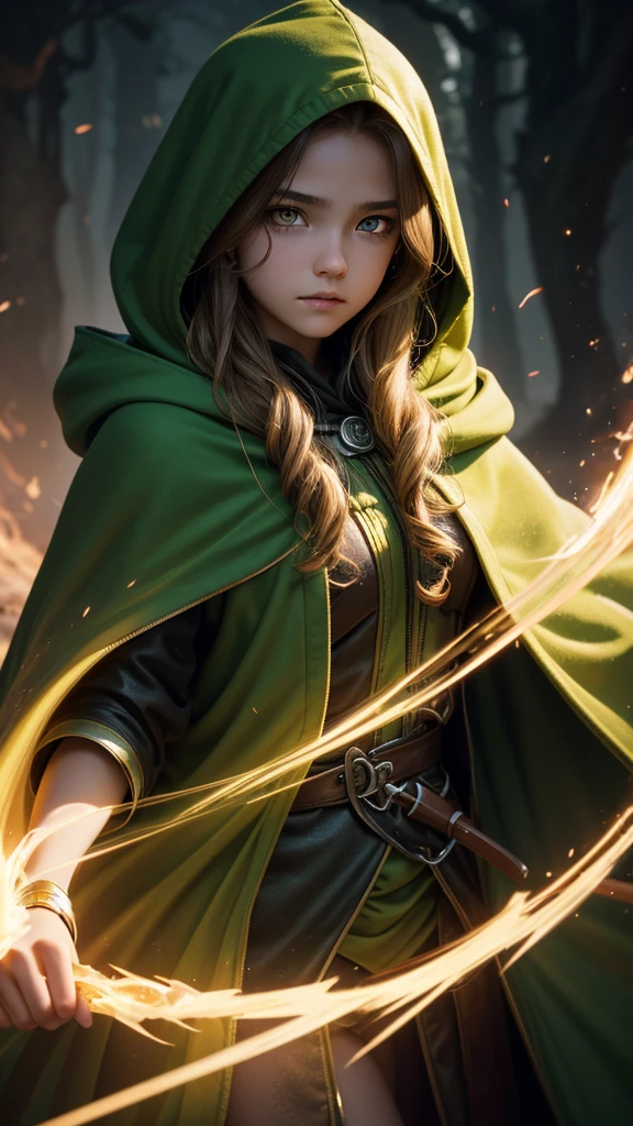 high detail, clarity, 8 k, young girl, , light hair, wavy hair, yellow eyes, blazing, green cloak, hood, Realism, fantasy,