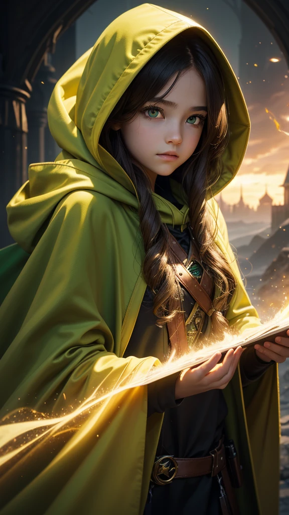 high detail, clarity, 8 k, young girl, 15 years old, light hair, wavy hair, yellow eyes, blazing, green cloak, hood, Realism, fantasy,