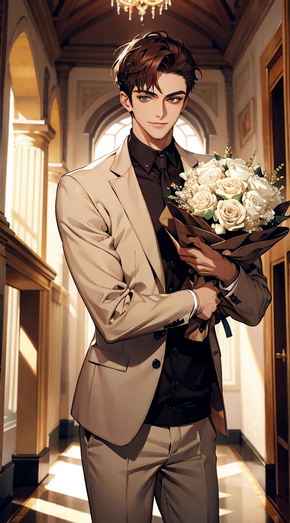 (absurdos, Altas, ultra detalhado), master part, a 1male holding a bouquet, sozinho. Handsome. short hair, olho fino, Rosto detalhado, sweater, beige pants, Sorriso leve. Estilo Realista