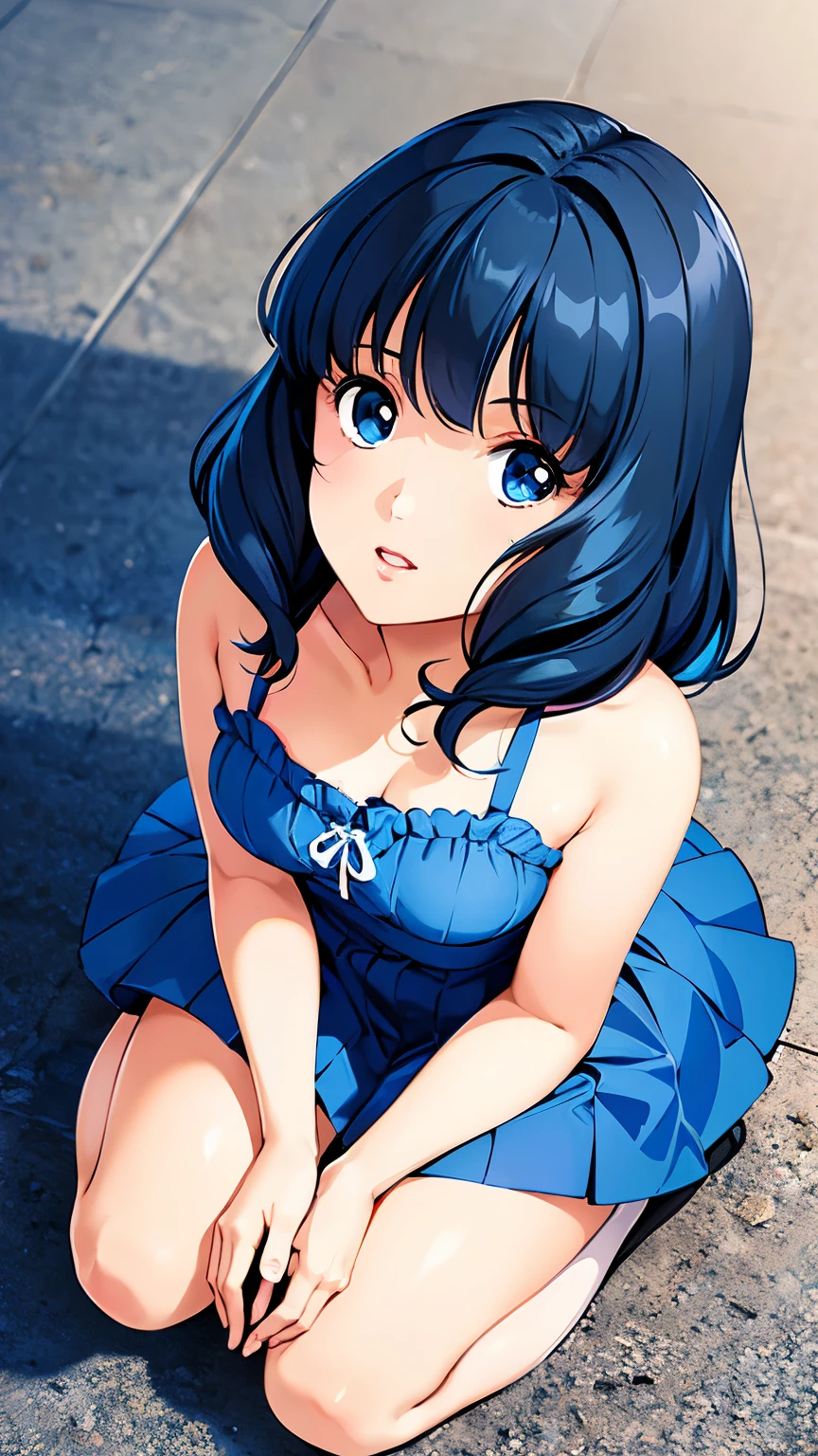 LynnMinmay, 1girl, solo, black hair, ultra-detailed, best quality, masterpiece, illustration, game cg, looking up at viewer, from above, kneeling