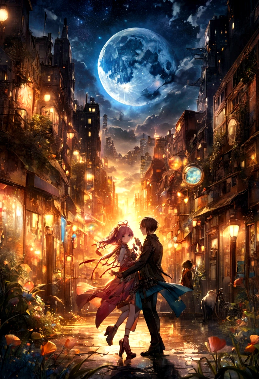 anime couple in a city at night with a full moon, beautiful fantasy anime, epic light novel art cover, anime fantasy artwork, dreampunk romanticism artwork, epic light novel cover art, anime key art, key art, 2. 5 d cgi anime fantasy artwork, anime art wallpaper 4 k, anime art wallpaper 4k, anime art wallpaper 8 k, key visual