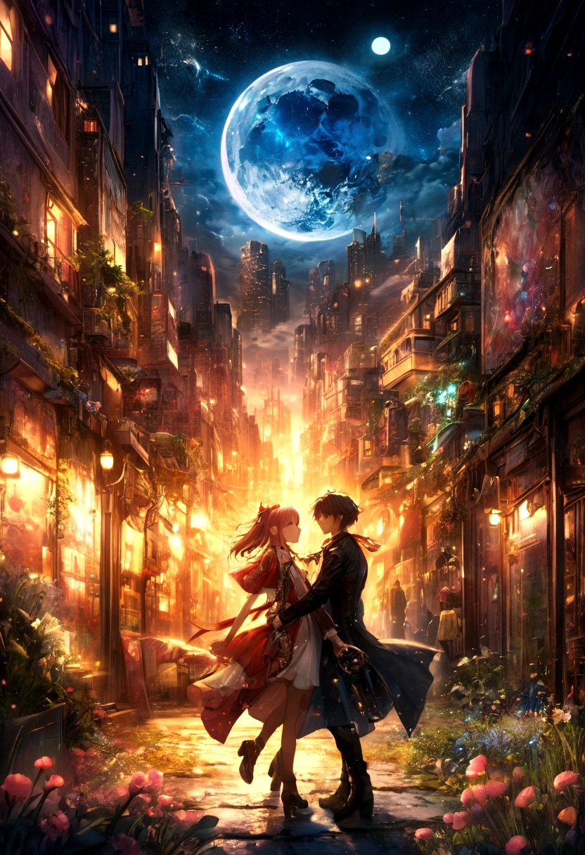 anime couple in a city at night with a full moon, beautiful fantasy anime, epic light novel art cover, anime fantasy artwork, dreampunk romanticism artwork, epic light novel cover art, anime key art, key art, 2. 5 d cgi anime fantasy artwork, anime art wallpaper 4 k, anime art wallpaper 4k, anime art wallpaper 8 k, key visual