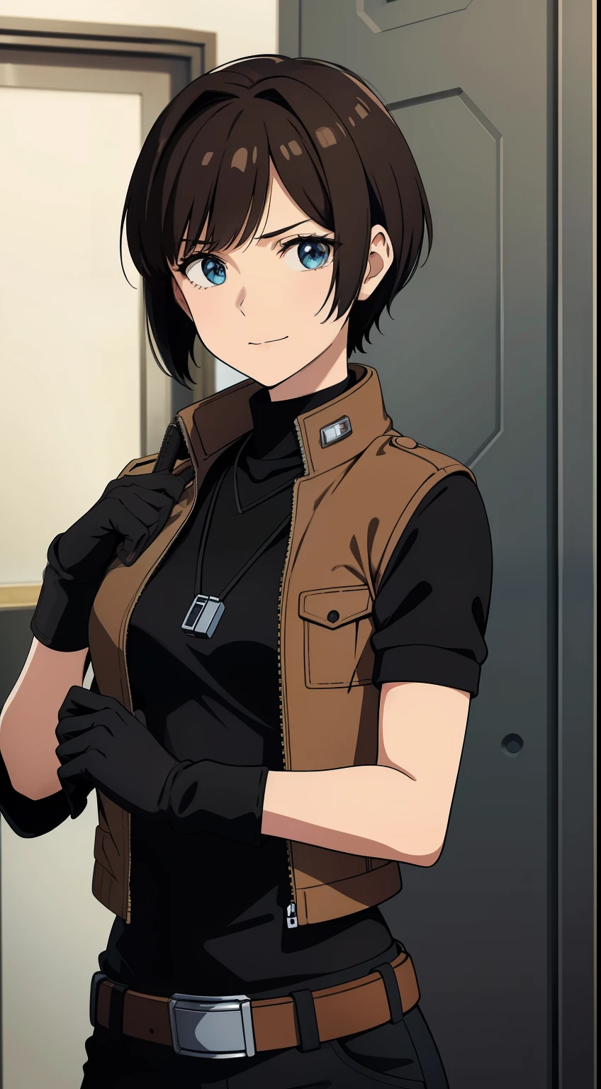 (high-quality, breathtaking),(expressive eyes, perfect face) Symmetrical Eyes, portrait, Star Wars Universe, 1girl, female, adult, mechanic, punk black brown jacket, black shirt, short sleeved, gloves, pants, belt, wrench, crystals, messy hair, black hair color, brown eye color, short hair length, stylized hairstyle, pixie haircut, tall, technician outfit, engineer, sci fi workshop background, work bench, tools, mature, narrow eyes, dog tag necklaces, soft smile, age 25
