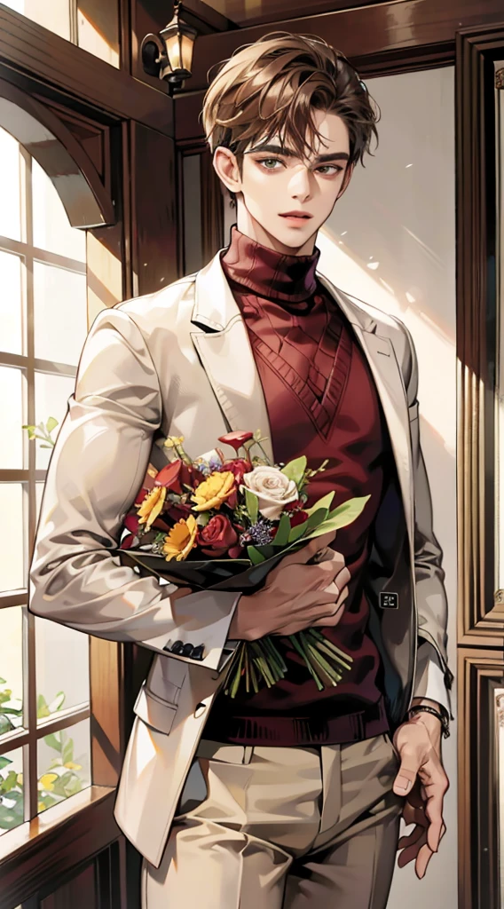 (absurdos, Altas, ultra detalhado), master part, a 1male holding a bouquet, sozinho. Handsome. short hair, olho fino, Rosto detalhado, sweater, beige pants, Sorriso leve. Estilo Realista