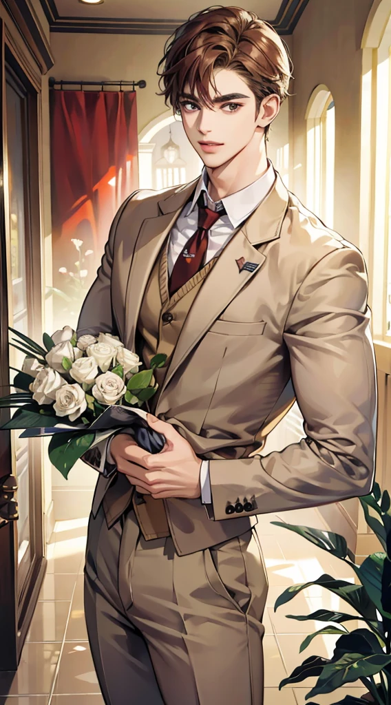 (absurdos, Altas, ultra detalhado), master part, a 1male holding a bouquet, sozinho. Handsome. short hair, olho fino, Rosto detalhado, sweater, beige pants, Sorriso leve. Estilo Realista