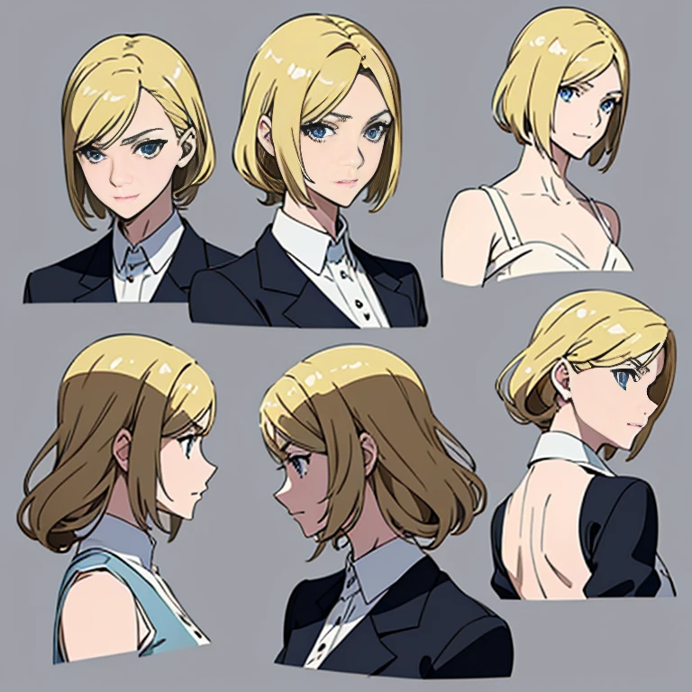 Anime style,Character Sheet,(masterpiece, 8k, highest quality, Very detailed, One mature woman), (Consistent personality, same characters), (Blonde Hair, blue eyes), (Very detailed顔と肌の質感, fine grain), Slender figure,Small breasts,Maid clothes, White Background, Exposing shoulders, Captivating smile, (Multiple Views, Multiple Angles), Side view, Front view, look up, Looking down, Rear View, 20-degree head view,Plain background,Beautiful background
