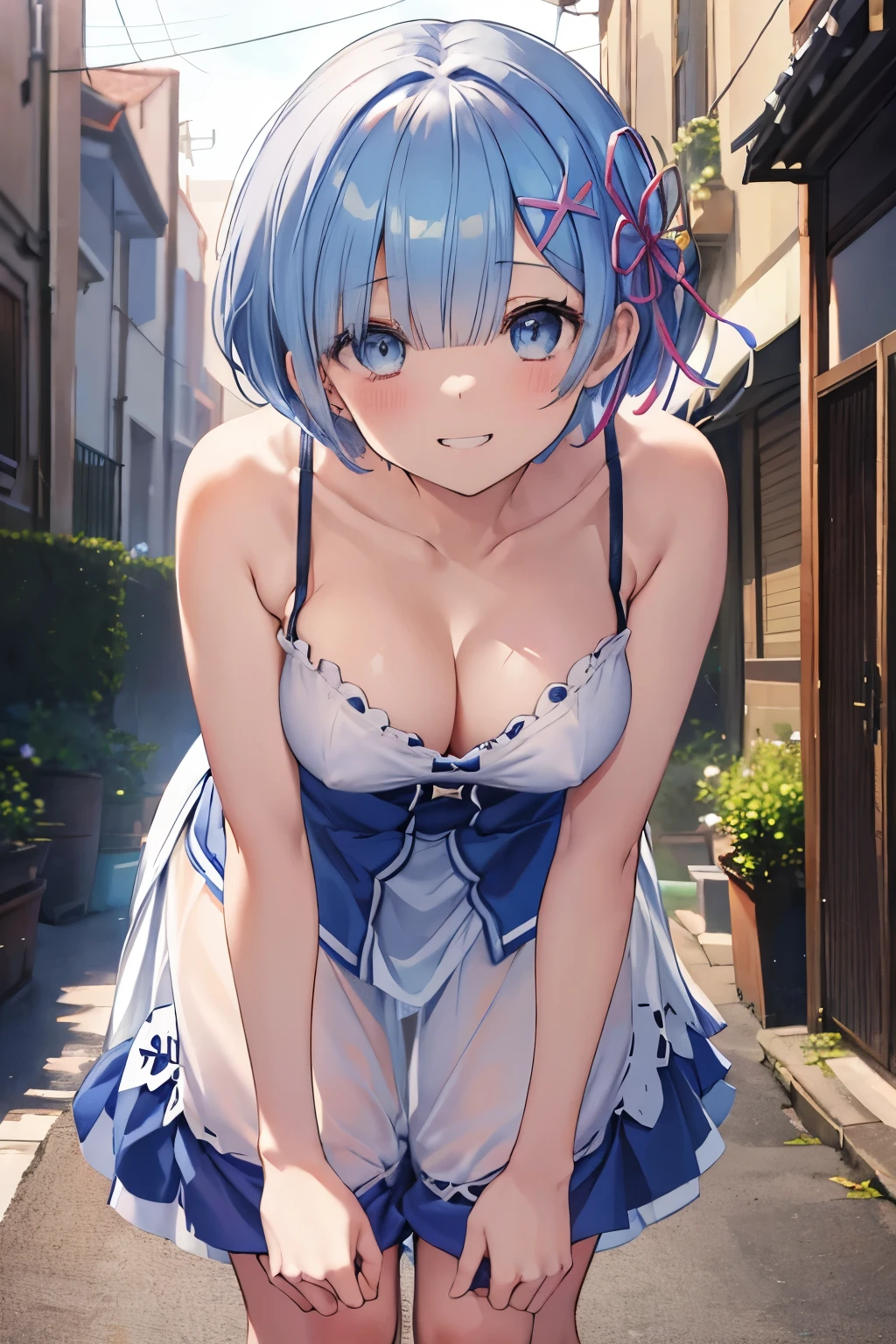 (8K、Highest quality、highest quality、masterpiece)、Detailed face、One girl、Rem from Re:Zero、short hair、、blunt bangs、Grey Eyes、smile、((Grin))、Small breasts、((White camisole))、((Blue skirt))、Cowboy Shot、((bent over))、Back Alley Background、Very large breasts Exposing breasts Bare breasts Nipples visible Blushing Embarrassing