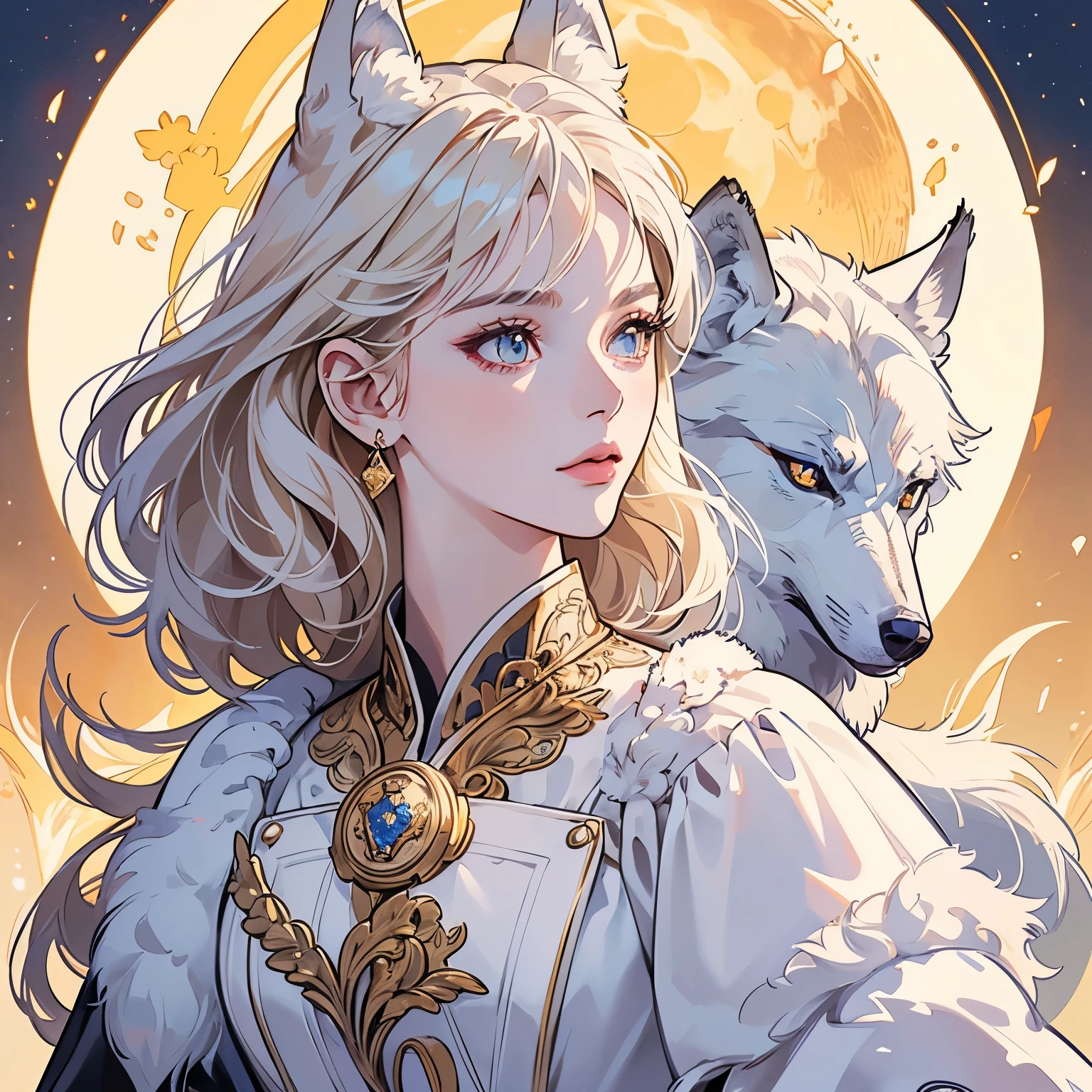 Best quality, 1 wolf, logo, background white only, emblem, 14k, intricate and detailed, frame, (((1 woman and wolf))), detailed fur, sparkling eyes, corporate logo, golden, panoramic, long shot, front, flowers, Upper body, looking at viewer, beautiful goddess, Very detailed hair, MOON, Pale Lighting, Top Quality, short hair