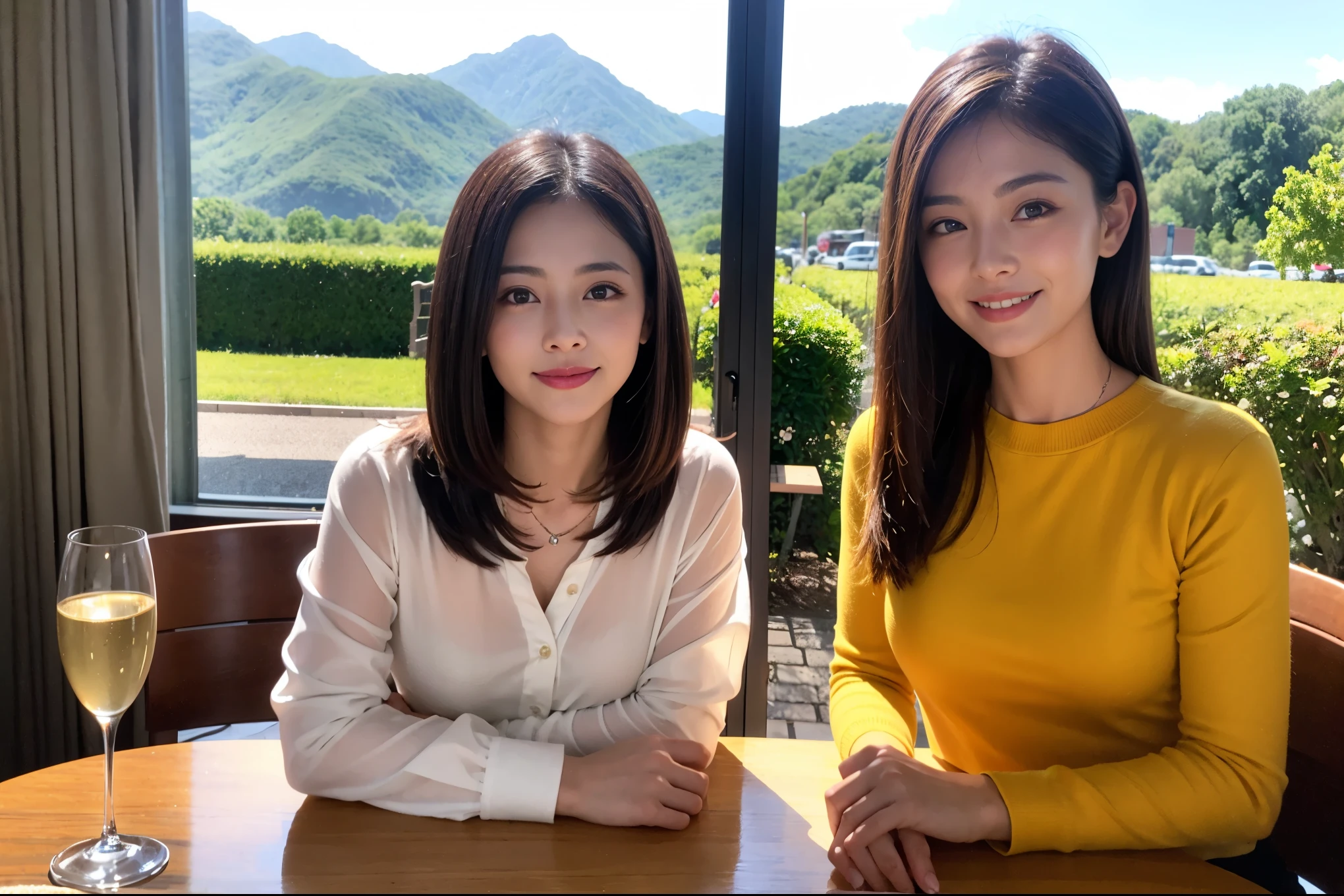 ((highest quality、8k、masterpiece:1.3))、Satomi Ishihara lookalike beauty、1 male、1 female、Couple、Spouse、half、The body is slim、((Bob Hale、Straight hair:1.2)), (Realistic, Intricate details:1.2), Wine glass on the table、Shine light on your face、 Amazing view of the sunset sky and clouds、Amazing mountain views、A bright smile、The wonderfulness of smile、Bright image、The beauty of wine, Beautiful Face, blue eyes, The light shines on your face, Blushing, short hair,Bright Face、 (Age 44), 39 years old, red wine 、Appetizers、Italian food、Wine bottle、Champagne、sparkling wine、Two beauties、Brown Hair、Shortcuts、Long sleeve shirt、dress、Pretty Woman 1, (Slim face), (The body is slim), (Brown Hair), (Shortcuts), cheeks turn a little red,Attractive beauty、restaurant, In a prominent place (From the waist up) Nova Frog Style, actress, model, Upper Body, White wine, slim, wine glass, A wine glass placed in the center, smile, (smile: 1.15), Beautiful fine grain, Depth f/2,saturation, High Contrast, Strong light and shadow,Moist Body:1.5、3D texture、Delicate eyes、Brown Hair、The hair is very shiny、