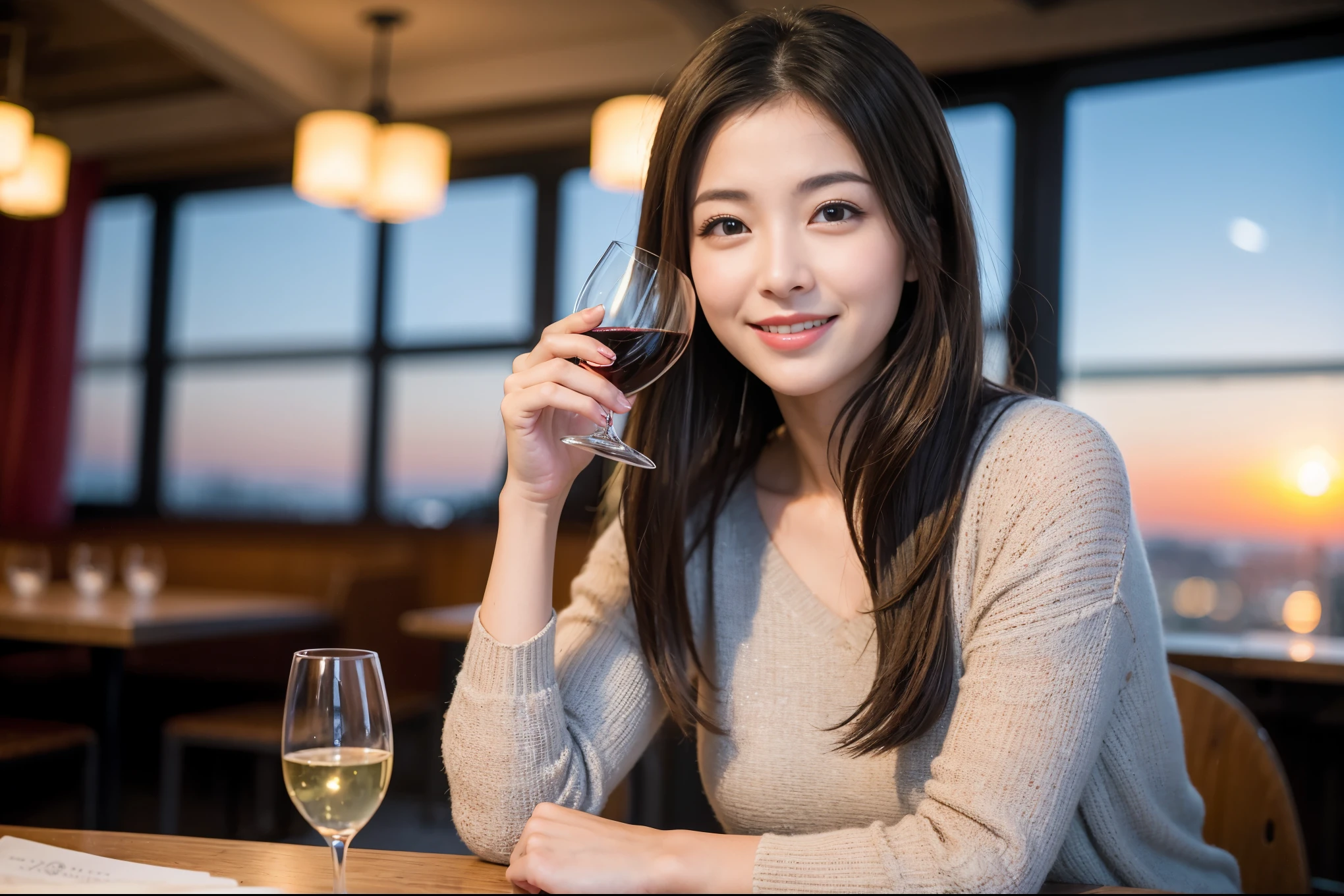 ((highest quality、8k、masterpiece:1.3))、Satomi Ishihara lookalike beauty、1 male、1 female、Couple、Spouse、half、The body is slim、((Bob Hale、Straight hair:1.2)), (Realistic, Intricate details:1.2), Wine glass on the table、Shine light on your face、 Amazing view of the sunset sky and clouds、Amazing mountain views、A bright smile、The wonderfulness of smile、Bright image、The beauty of wine, Beautiful Face, blue eyes, The light shines on your face, Blushing, short hair,Bright Face、 (Age 44), 39 years old, red wine 、Appetizers、Italian food、Wine bottle、Champagne、sparkling wine、Two beauties、Brown Hair、Shortcuts、Long sleeve shirt、dress、Pretty Woman 1, (Slim face), (The body is slim), (Brown Hair), (Shortcuts), cheeks turn a little red,Attractive beauty、restaurant, In a prominent place (From the waist up) Nova Frog Style, actress, model, Upper Body, White wine, slim, wine glass, A wine glass placed in the center, smile, (smile: 1.15), Beautiful fine grain, Depth f/2,saturation, High Contrast, Strong light and shadow,Moist Body:1.5、3D texture、Delicate eyes、Brown Hair、The hair is very shiny、