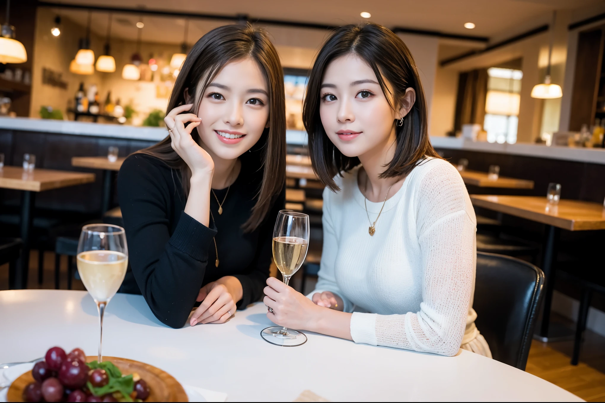((highest quality、8k、masterpiece:1.3))、Satomi Ishihara lookalike beauty、1 male、1 female、Couple、Spouse、half、The body is slim、((Bob Hale、Straight hair:1.2)), (Realistic, Intricate details:1.2), Wine glass on the table、Shine light on your face、 Amazing view of the sunset sky and clouds、Amazing mountain views、A bright smile、The wonderfulness of smile、Bright image、The beauty of wine, Beautiful Face, blue eyes, The light shines on your face, Blushing, short hair,Bright Face、 (Age 44), 39 years old, red wine 、Appetizers、Italian food、Wine bottle、Champagne、sparkling wine、Two beauties、Brown Hair、Shortcuts、Long sleeve shirt、dress、Pretty Woman 1, (Slim face), (The body is slim), (Brown Hair), (Shortcuts), cheeks turn a little red,Attractive beauty、restaurant, In a prominent place (From the waist up) Nova Frog Style, actress, model, Upper Body, White wine, slim, wine glass, A wine glass placed in the center, smile, (smile: 1.15), Beautiful fine grain, Depth f/2,saturation, High Contrast, Strong light and shadow,Moist Body:1.5、3D texture、Delicate eyes、Brown Hair、The hair is very shiny、