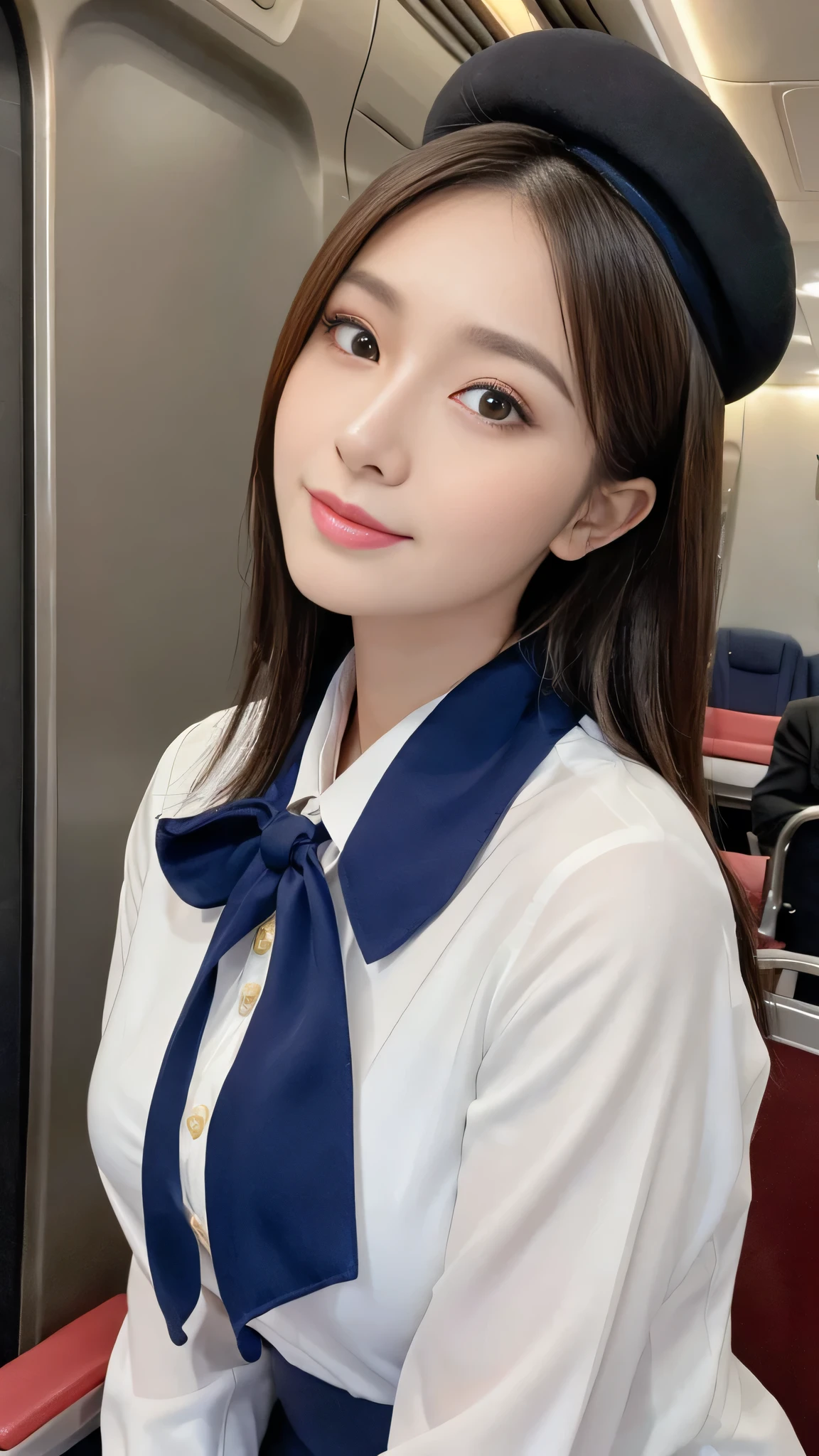 (8k, best quality, masterpiece, golden ratio composition,:1.3), (Zoom out shot:1.2), (A beautiful Japanese mature woman dressed in a classic flight attendant uniform, uniform is navy blue with a matching small beret, white blouse, red neck scarf, neatly styled hair ,light makeup), (huge breasts), standing in an airplane cabin