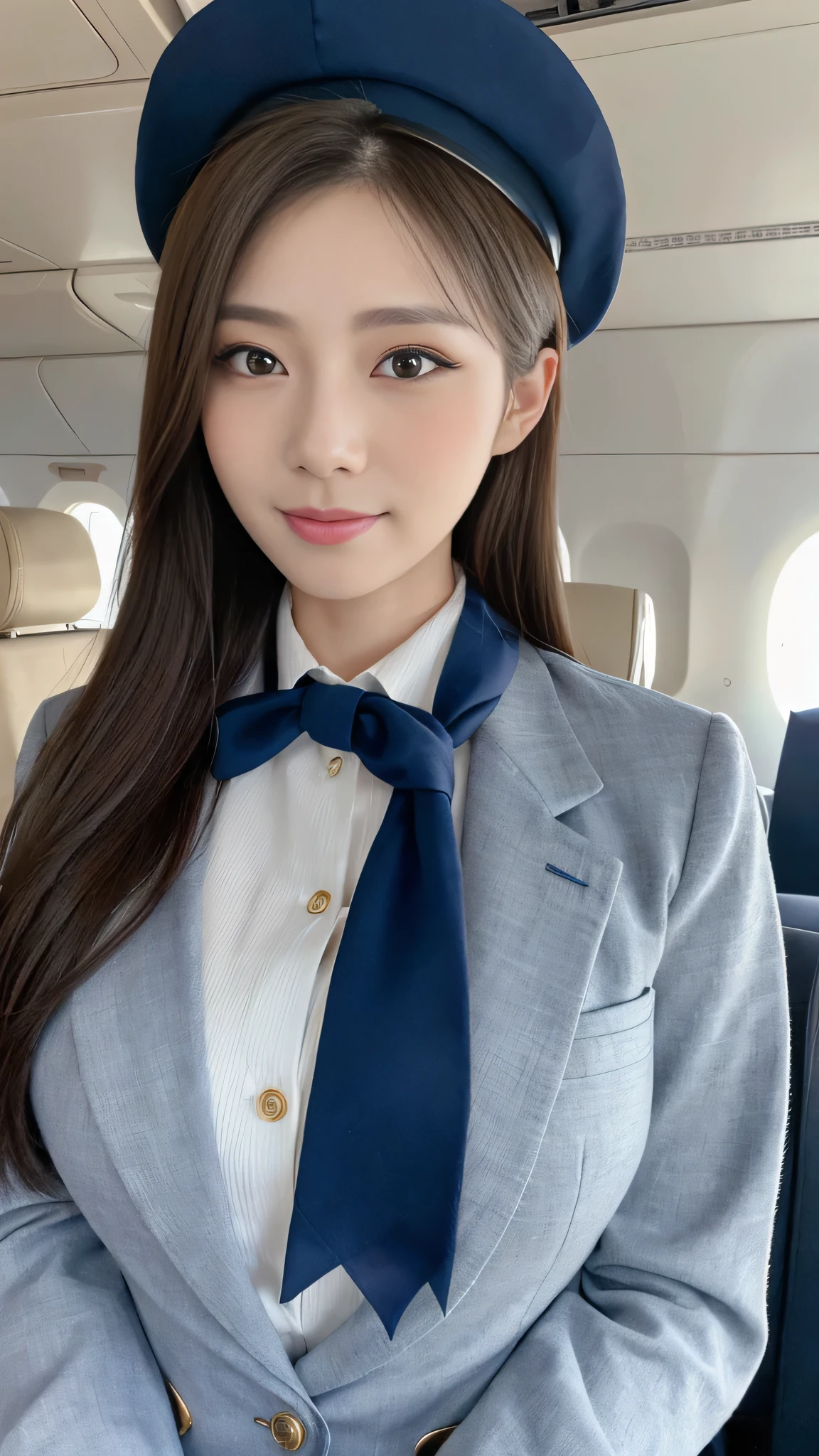 (8k, best quality, masterpiece, golden ratio composition,:1.3), (Zoom out shot:1.2), (A beautiful Japanese mature woman dressed in a classic flight attendant uniform, uniform is navy blue with a matching small beret, white blouse, red neck scarf, neatly styled hair ,light makeup), (huge breasts), standing in an airplane cabin