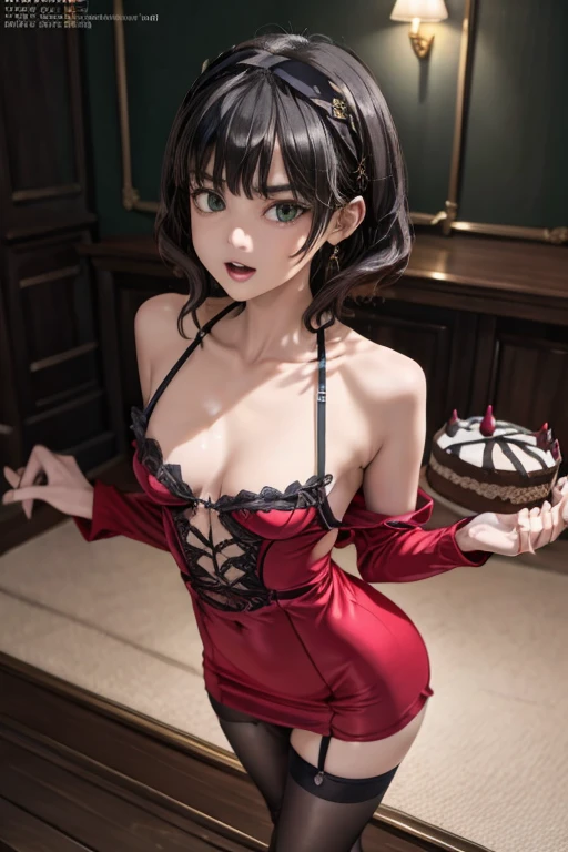 (small breasts:1.3), (perky chest:1.1), (pointed chest:1.0), (Pudding cake magazine cover:1.3),(from above:1.0),(from side:0.9),masterpiece, 1girl, Amazing Cleavage:1.1, thin waist, big ass, Raised sexy, small breast: 1.3, posed cleavage:1.2、solo, looking at viewer, open mouth, have a cute grass of cute beergrass,black hair, dark green eyes, dress, bare shoulders, jewelry, collarbone, sidelocks, hairband, earrings, indoors, off shoulder, :o, sweater, arms behind back, plant, short hair with long locks, gild hairband, off-shoulder dress, sweater dress, off-shoulder sweater, red sweater, dark gord hair, big side hair, very long side hair,is rendered in (masterpiece: 1.2, best quality), with (ultra high resolution) and an exquisite (depth of field). This masterpiece is not only visually stunning but also tells,A scene of cooking in the kitchen by classroom