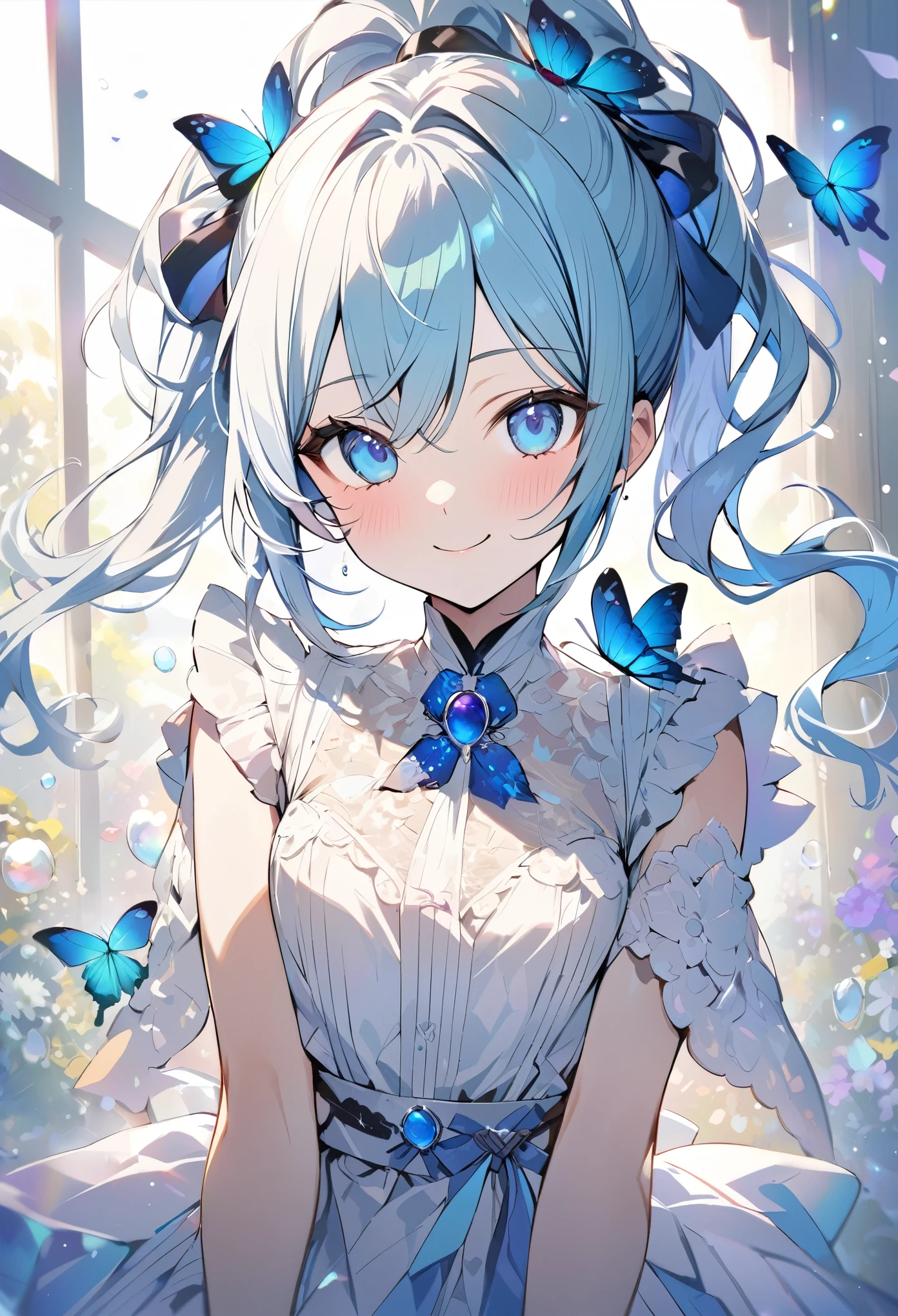 (masterpiece)、(highest quality)、(Ultra-detailed)、(Disheveled Hair)、(Awareness-raising)、(One Girl)、(Fashionable clothes)、standing、Fashion Model、Seeing the viewer、(interview)、(Simple Background)、Beautiful and beautiful eyes、Delicate and beautiful face、plankton、(High saturation)、(Colorful splashes)、Colorful Bubbles、(shine)、Focus on the face、ponytail、Colorful flowers in Kamisato、Light blue hair、Bans、Hair Ring、Floating Flowers、Floating hair、（Shine）、Best lighting、Best Shadow、Blue butterfly in the upper left corner of the screen、smile
