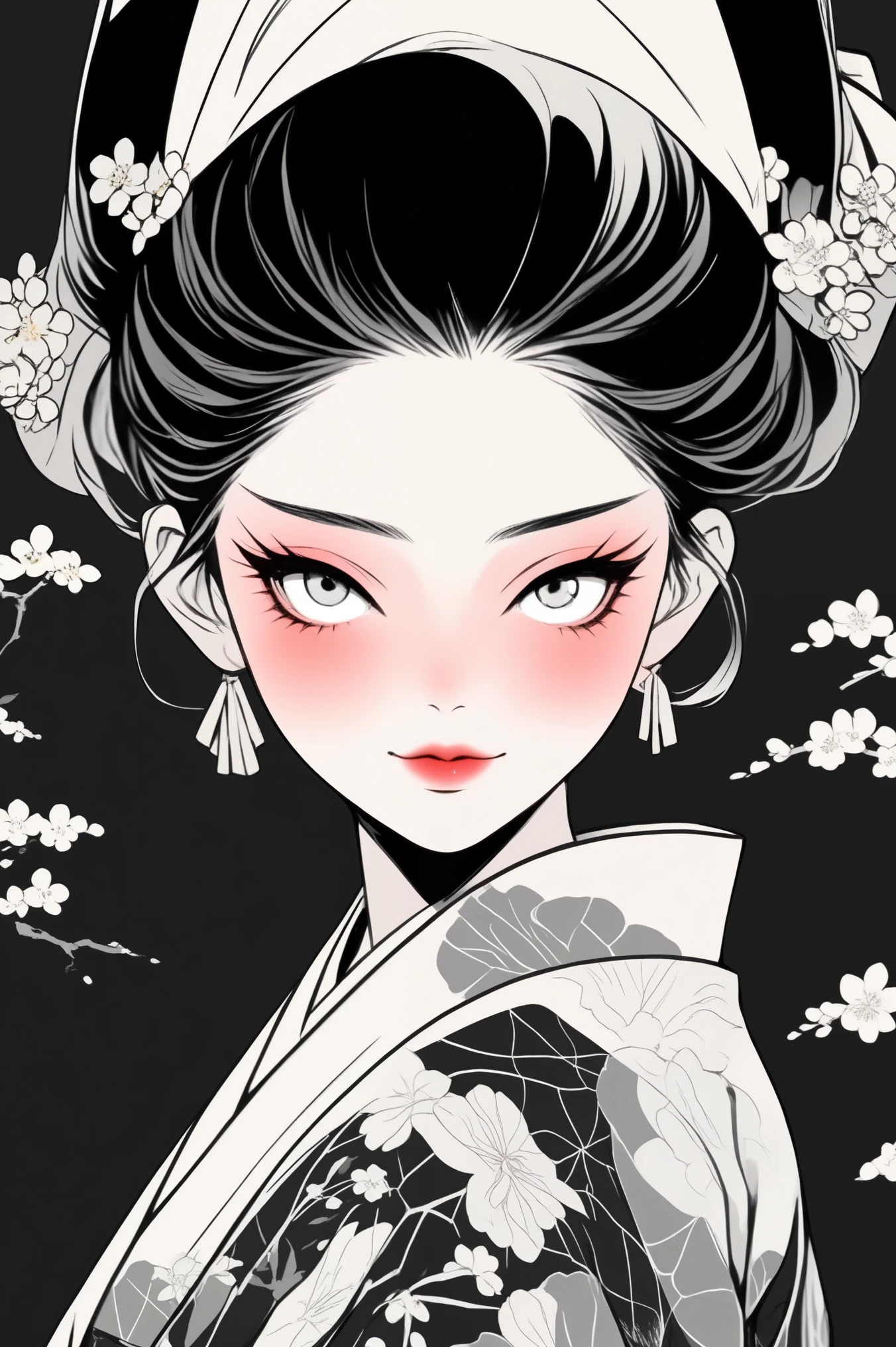 (best quality, sketch:1.2),Practical,ilustrador,Japanese cartoons,1 girl, Detailed lips, kimono,Entertainment, black and white gradient background,Neon hair,Texture cropping, masterpiece, The style is vintage, Deep Black 