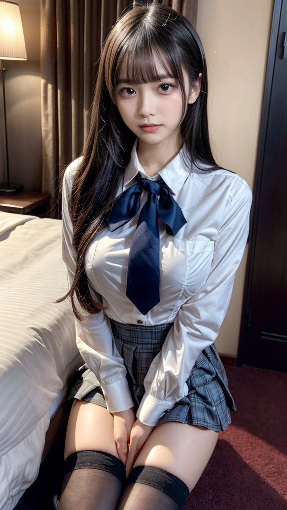 (8K, Raw photography, top-quality, ​masterpiece:1.2), master piece, best quality, illustration, Super detailed, fine details, High resolution, 8K,wall paper, perfect dynamic composition,(Details High quality, realistic depiction of eyes:1.3), The background is a luxury hotel room、High school girl uniform、blazer 、Super Short Check Uniform Skirt、Navy blue high socks、garterbelts、Colossal tits、Disturbed uniform, short bob hair, black hair color, huge breasts, Big Natural Color Lip, bold sexy pose, (perfect body shape), crying a little、 Beautiful makeup,glitter makeup,Cutest 18 years old, beautiful legs, hposing Gravure Idol, Voluptuous thighs