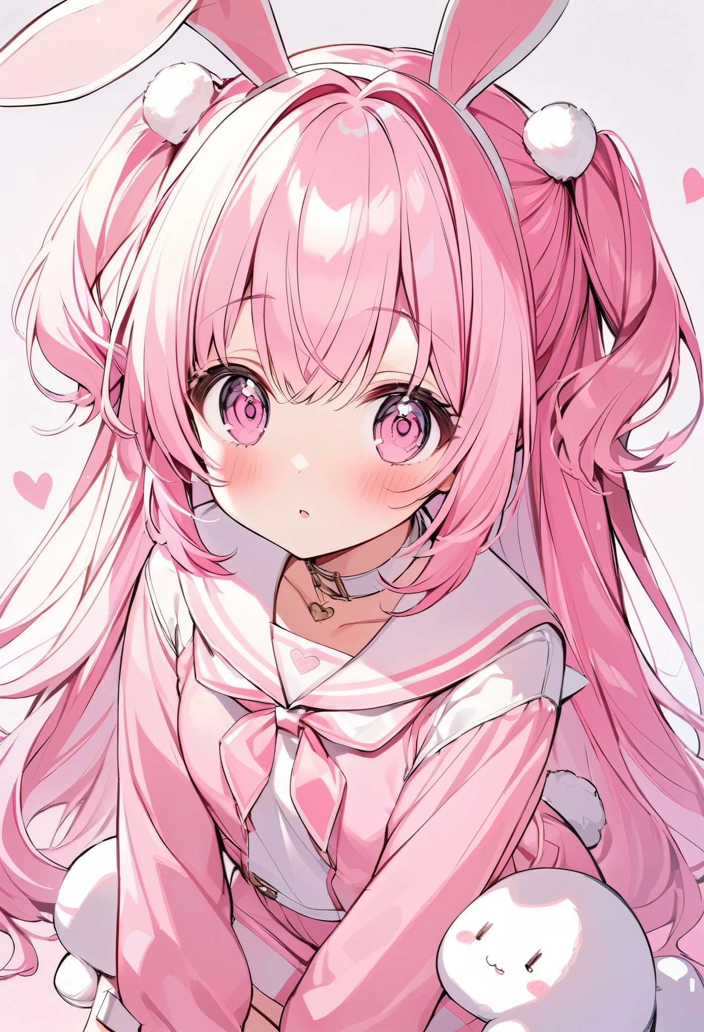 Amazing shiny pink hair，long white bunny ears，Pink Sailor Suit，，The eyes are pink，It's a cute girl