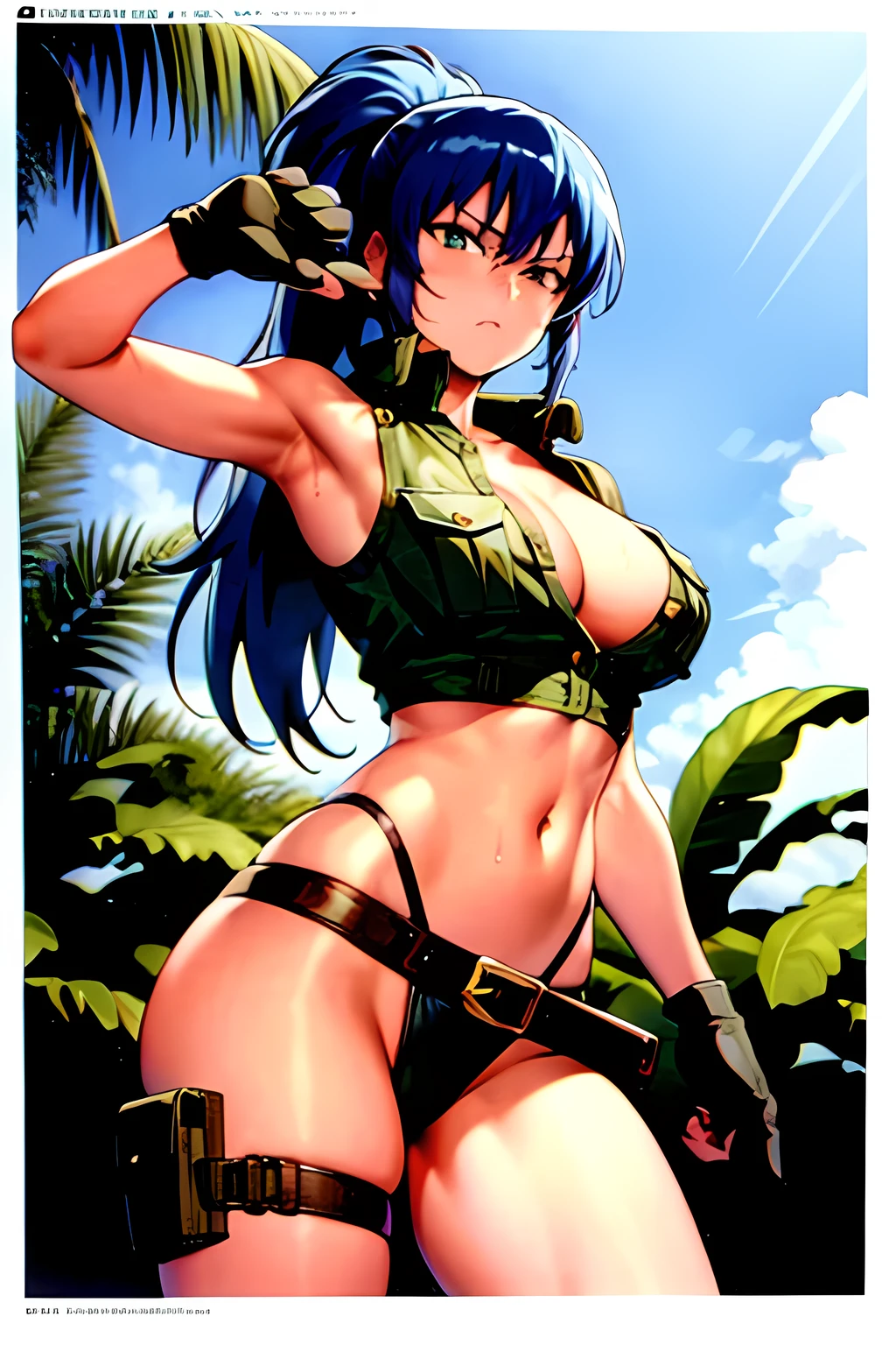 masterpiece, best quality, anime 1990s \(style\, leona heidern, sexy, naked, thong ,open vest., jungle, tactical, pony tail, serious, cammo, army, soldier, blue hair, warfare, war, wet, gloves, sexy pose, jungle girl, perfect hands, five fingers, long hair, tropical, belt. Sleeveless.