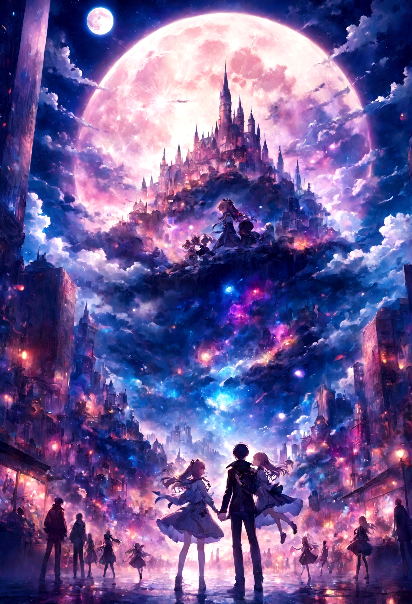 Anime couple in the city at night on a full moon、Beautiful fantasy anime、Epic light novel art cover、Anime fantasy artwork、Dream Punk Romanticism Artwork、Epic light novel cover art、アニメKey Art、Key Art、2。5 d CGIAnime fantasy artwork、anime art wallpaper 4k、anime art wallpaper 4k、anime art wallpaper 8k、Key Visual