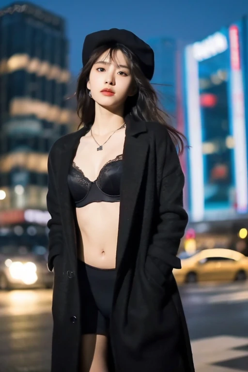 ((best quality)), ((masterpiece)), (Cinematic Aesthetic:1.4) Photo of a beautiful korean fashion model bokeh city night , y pose , standing position , seductive gaze , perfect body , luxury necklace , luxury bracelets , standing position , black long coat , black bra , boots , black hat , 
