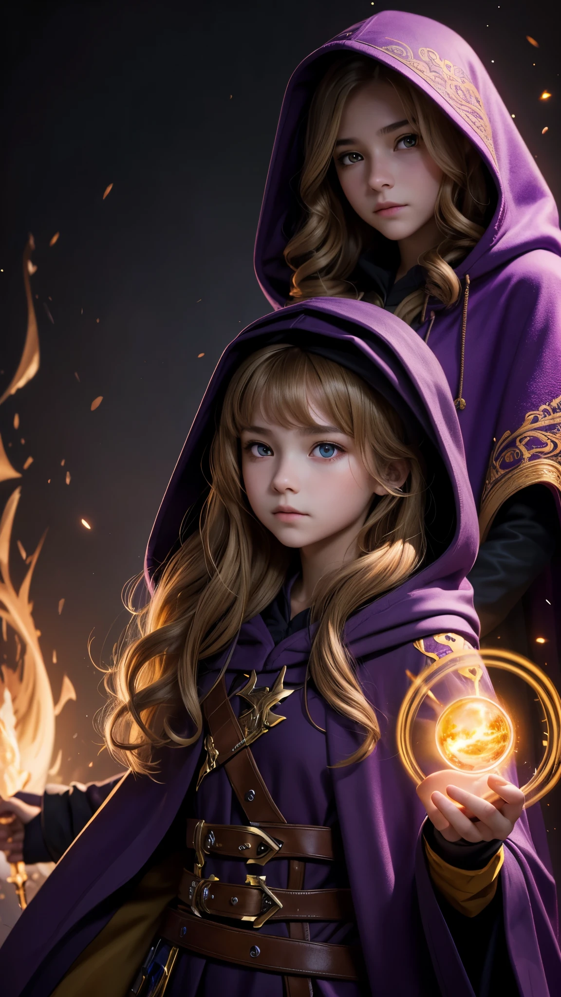 high detail, clarity, 8 k, young girl, 15 years old, light hair, wavy hair, yellow eyes, blazing, purple cloak, hood, Realism, fantasy,