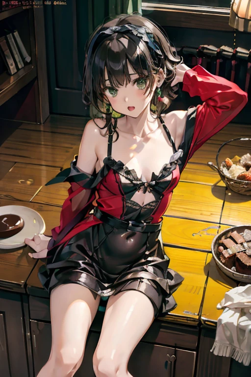 (small breasts:1.3), (perky chest:1.1), (pointed chest:1.0), (Pudding cake magazine cover:1.3),(from above:1.0),(from side:0.9),masterpiece, 1girl, Amazing Cleavage:1.1, thin waist, big ass, Raised sexy, small breast: 1.3, posed cleavage:1.2、solo, looking at viewer, open mouth, have a cute grass of cute beergrass,black hair, dark green eyes, dress, bare shoulders, jewelry, collarbone, sidelocks, hairband, earrings, indoors, off shoulder, :o, sweater, arms behind back, plant, short hair with long locks, gild hairband, off-shoulder dress, sweater dress, off-shoulder sweater, red sweater, dark gord hair, big side hair, very long side hair,is rendered in (masterpiece: 1.2, best quality), with (ultra high resolution) and an exquisite (depth of field). This masterpiece is not only visually stunning but also tells,A scene of cooking in the kitchen by classroom