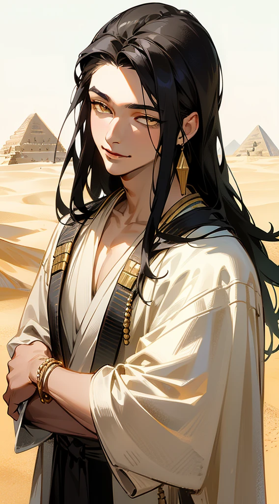 realistic, masterpiece, best quality, colorful,(finely detailed beautiful eyes and detailed face), delicated smile, happy eyes, nature lighting, extremely detailed CG unity 8k wallpaper, 1boy, tall muscular guy, Clothes: white robe with colorful jewelry fill around shoulders, ????? upper body. Accessories: necklace, bracelet. Appearance: long black hair, light colored pupils, yellow eyes, Tan skin, Hair slicked up, Head tilted slightly to one side, flying bangs, handsome, background: desert, pyramid, sand, sun, morning. ancient Egypt style, Egypt, mature man