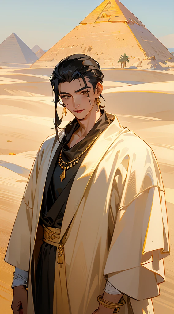 realistic, masterpiece, best quality, colorful,(finely detailed beautiful eyes and detailed face), delicated smile, happy eyes, nature lighting, extremely detailed CG unity 8k wallpaper, 1boy, tall muscular guy, Clothes: white robe with colorful jewelry fill around shoulders, naked upper body. Accessories: necklace, bracelet. Appearance: long black hair, light colored pupils, yellow eyes, Tan skin, Hair slicked up, Head tilted slightly to one side, flying bangs, handsome, background: desert, pyramid, sand, sun, morning. ancient Egypt style, Egypt, mature man