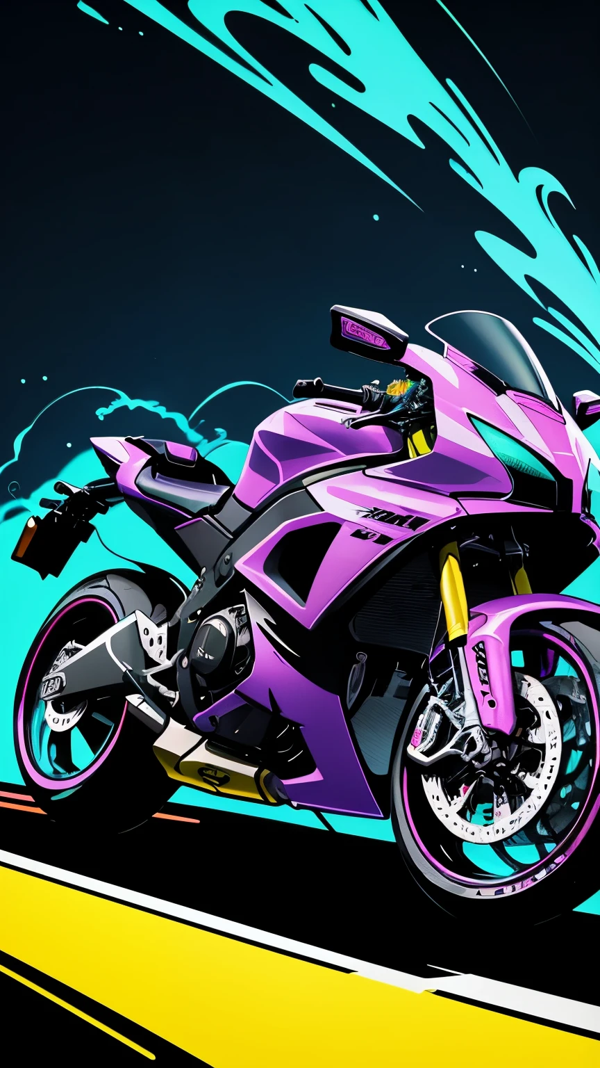 bold neon colors, cartoon style illustration of a big futuristic sports moto, splash art, splashed neon colors, (iridiscent glowy smoke)((motion effects)), best quality, walpaper art, UHD, centered image, MSchiffer art, ((flat colors)), (cel-shading style) very bold neon colors, ((high saturation)) ink lines, psychedelic environment