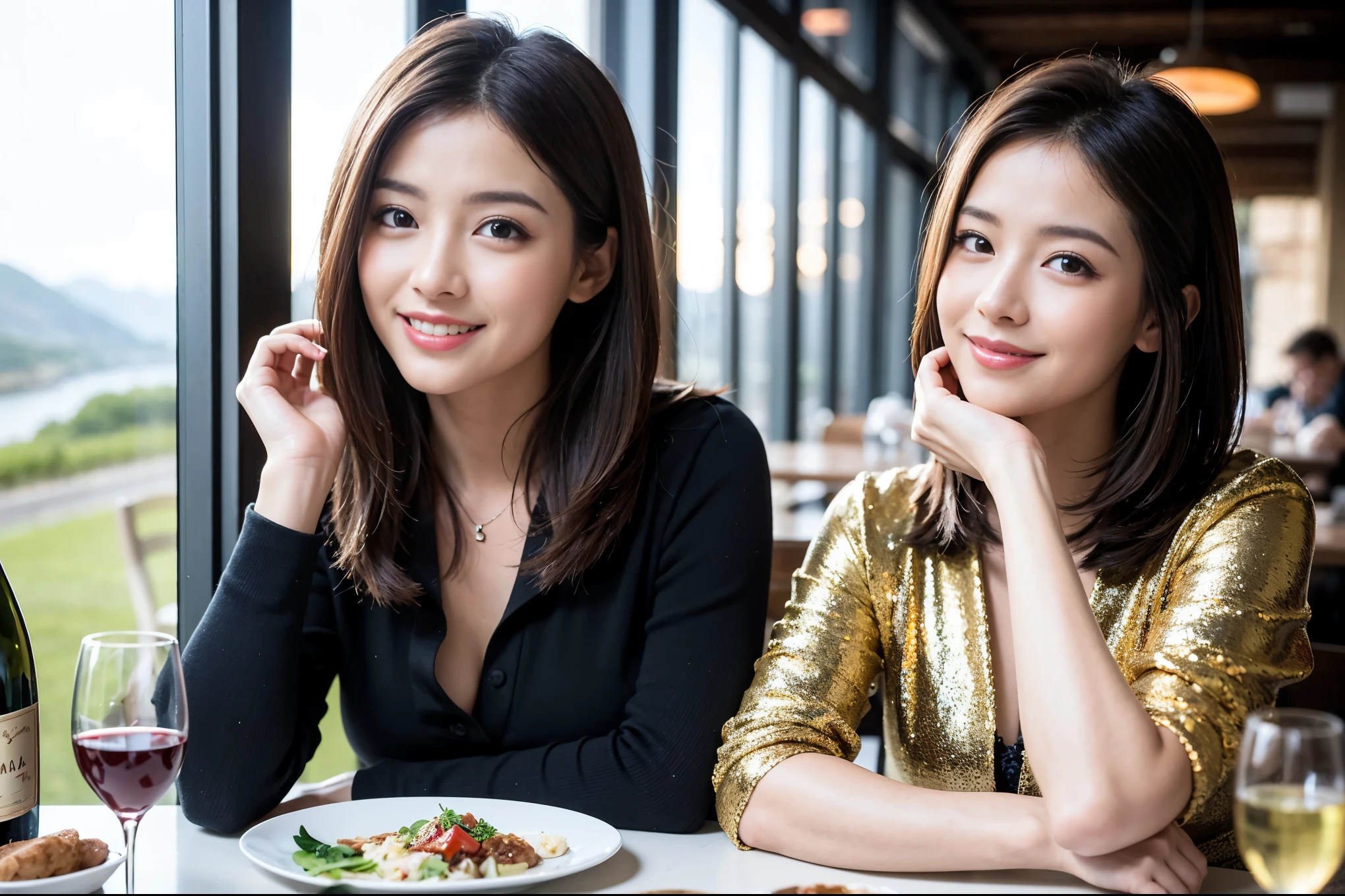 ((highest quality、8k、masterpiece:1.3))、Satomi Ishihara lookalike beauty、1 male、1 female、Couple、Spouse、half、The body is slim、((Bob Hale、Straight hair:1.2)), (Realistic, Intricate details:1.2), Wine glass on the table、Shine light on your face、 Amazing view of the sunset sky and clouds、Amazing mountain views、A bright smile、The wonderfulness of smile、Bright image、The beauty of wine, Beautiful Face, blue eyes, The light shines on your face, Blushing, short hair,Bright Face、 (Age 44), 43 years old, red wine 、Appetizers、Italian food、Wine bottle、Champagne、sparkling wine、Two beauties、Brown Hair、Shortcuts、Long sleeve shirt、dress、Pretty Woman 1, (Slim face), (The body is slim), (Brown Hair), (Shortcuts), cheeks turn a little red,Attractive beauty、restaurant, In a prominent place (From the waist up) Nova Frog Style, actress, model, Upper Body, White wine, slim, wine glass, A wine glass placed in the center, smile, (smile: 1.15), Beautiful fine grain, Depth f/2,saturation, High Contrast, Strong light and shadow,Moist Body:1.5、3D texture、Delicate eyes、Brown Hair、The hair is very shiny、