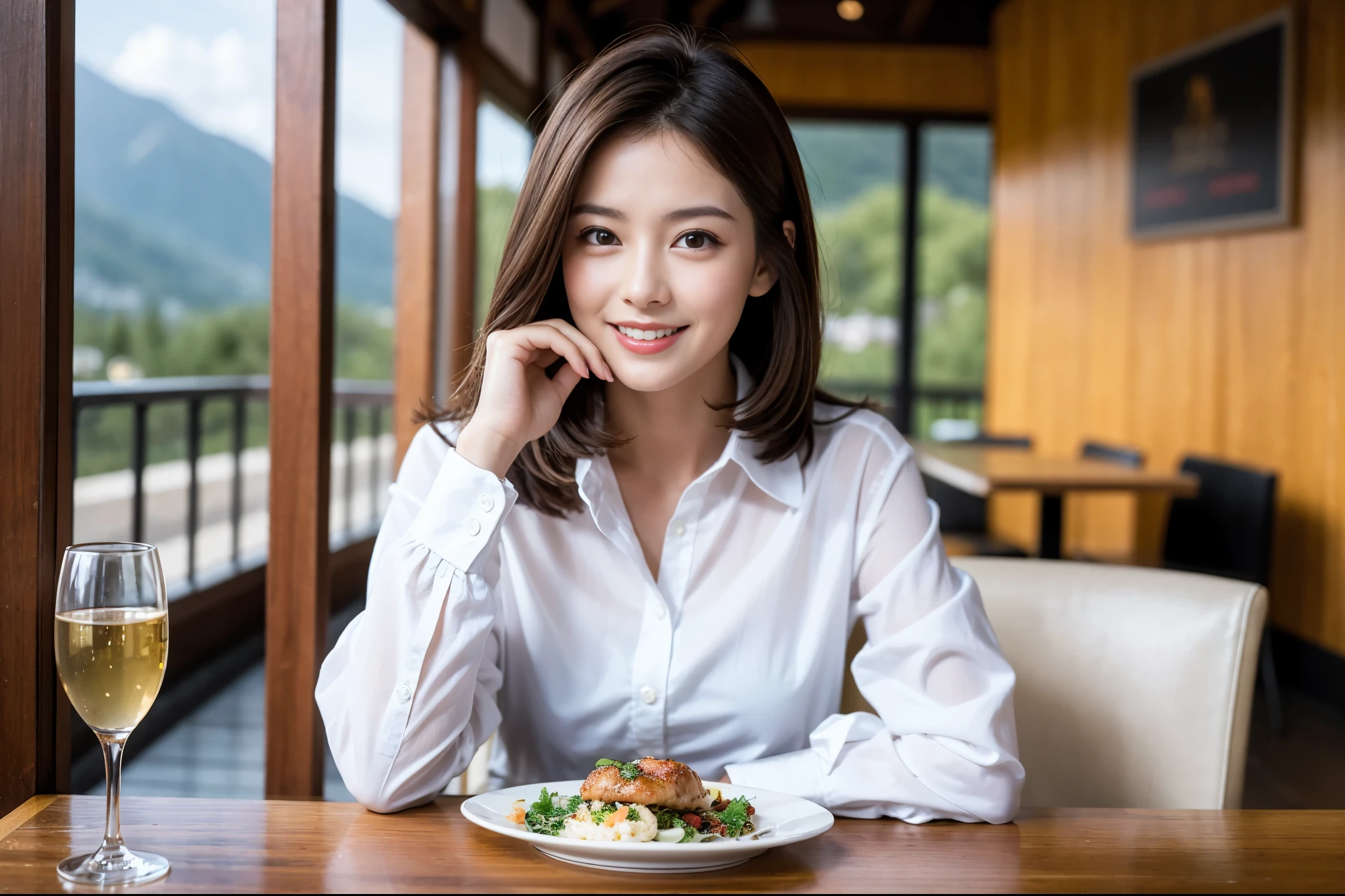 ((highest quality、8k、masterpiece:1.3))、Satomi Ishihara lookalike beauty、1 male、1 female、Couple、Spouse、half、The body is slim、((Bob Hale、Straight hair:1.2)), (Realistic, Intricate details:1.2), Wine glass on the table、Shine light on your face、 Amazing view of the sunset sky and clouds、Amazing mountain views、A bright smile、The wonderfulness of smile、Bright image、The beauty of wine, Beautiful Face, blue eyes, The light shines on your face, Blushing, short hair,Bright Face、 (Age 44), 43 years old, red wine 、Appetizers、Italian food、Wine bottle、Champagne、sparkling wine、Two beauties、Brown Hair、Shortcuts、Long sleeve shirt、dress、Pretty Woman 1, (Slim face), (The body is slim), (Brown Hair), (Shortcuts), cheeks turn a little red,Attractive beauty、restaurant, In a prominent place (From the waist up) Nova Frog Style, actress, model, Upper Body, White wine, slim, wine glass, A wine glass placed in the center, smile, (smile: 1.15), Beautiful fine grain, Depth f/2,saturation, High Contrast, Strong light and shadow,Moist Body:1.5、3D texture、Delicate eyes、Brown Hair、The hair is very shiny、