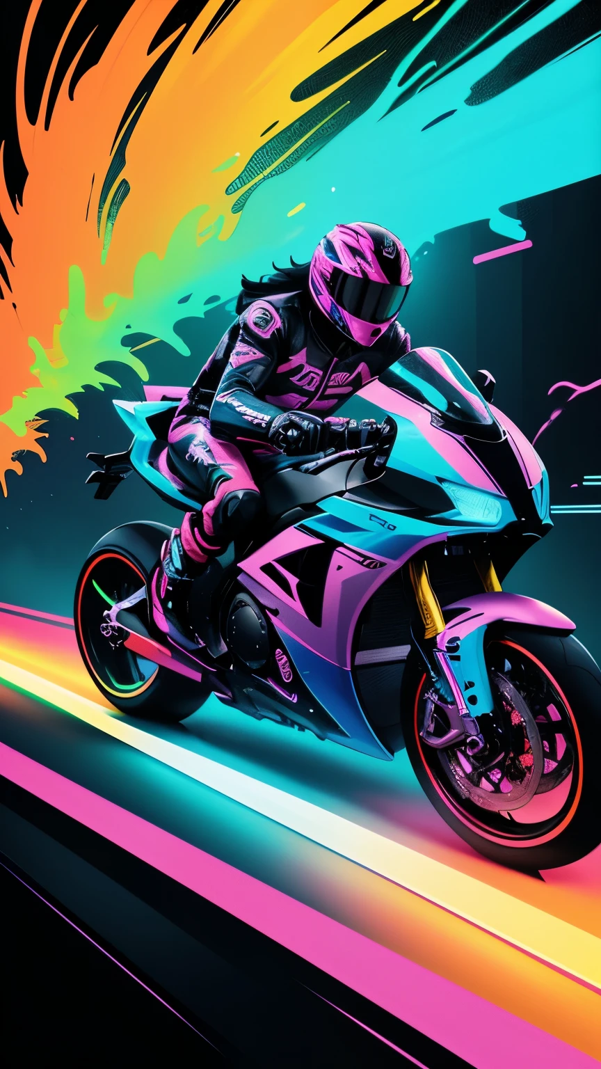 bold neon colors, cartoon style illustration of a big futuristic sports moto, splash art, splashed neon colors, (iridiscent glowy smoke)((motion effects)), best quality, walpaper art, UHD, centered image, MSchiffer art, ((flat colors)), (cel-shading style) very bold neon colors, ((high saturation)) ink lines, psychedelic environment