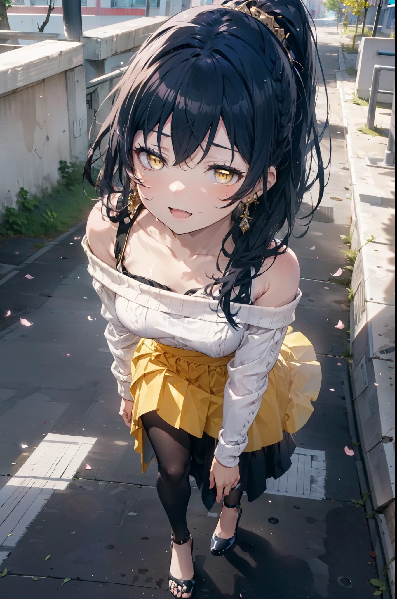 Kamisonoda, Umi Sonoda, Long Hair, Blue Hair, (Yellow Eyes:1.5) (Flat Chest:1.2),happy smile, smile, Open your mouth,One-shoulder sweater,Long skirt,Black pantyhose,Stiletto heels,Daytime,Clear skies,walking,
break looking at viewer,whole body, (Cowboy Shot:1. 5)
break outdoors,School,school gate,
break (masterpiece:1.2), highest quality, High resolution, unity 8k wallpaper, (figure:0.8), (Beautiful fine details:1.6), Highly detailed face, Perfect lighting, Highly detailed CG, (Perfect hands, Perfect Anatomy),