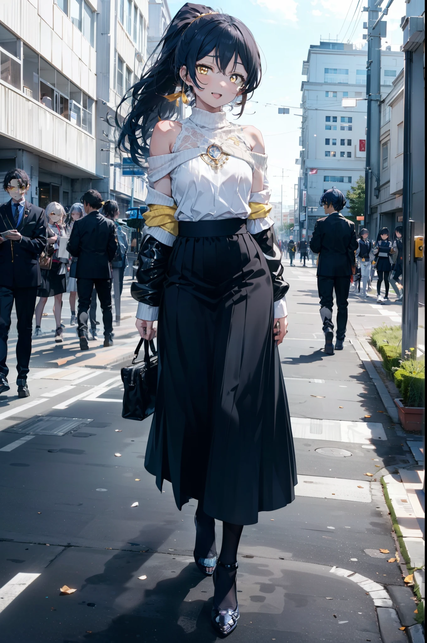 Kamisonoda, Umi Sonoda, Long Hair, ponytail,Blue Hair, (Yellow Eyes:1.5) (Flat Chest:1.2),happy smile, smile, Open your mouth,One-shoulder sweater,Long skirt,Black pantyhose,Stiletto heels,Daytime,Clear skies,walking,
break looking at viewer,whole body,
break outdoors,School,school gate,
break (masterpiece:1.2), highest quality, High resolution, unity 8k wallpaper, (figure:0.8), (Beautiful fine details:1.6), Highly detailed face, Perfect lighting, Highly detailed CG, (Perfect hands, Perfect Anatomy),