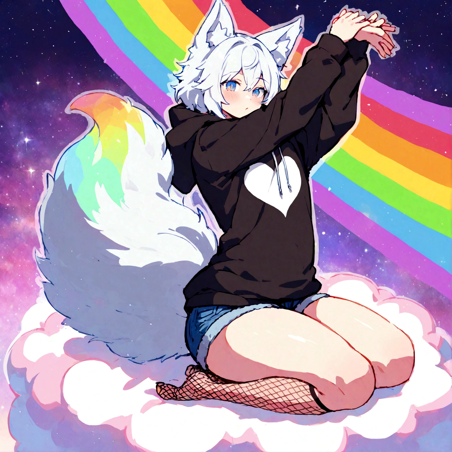 a cute adult male with wolf ears, white hair, has a wolf tail, wearing a loose cropped oversized black hoodie, wearing a pair of denim short shorts and fishnet stockings, thick thighs, wide hips, relaxing on mound of fluffy multi colored kawaii plushies, short, very slim, showing slender tummy, stretching out, heart on hoodie, squishy thighs, has glowing blue eyes. alone, solo (ALONE)(SOLO), surrounded by rainbows, colorful galaxy backround