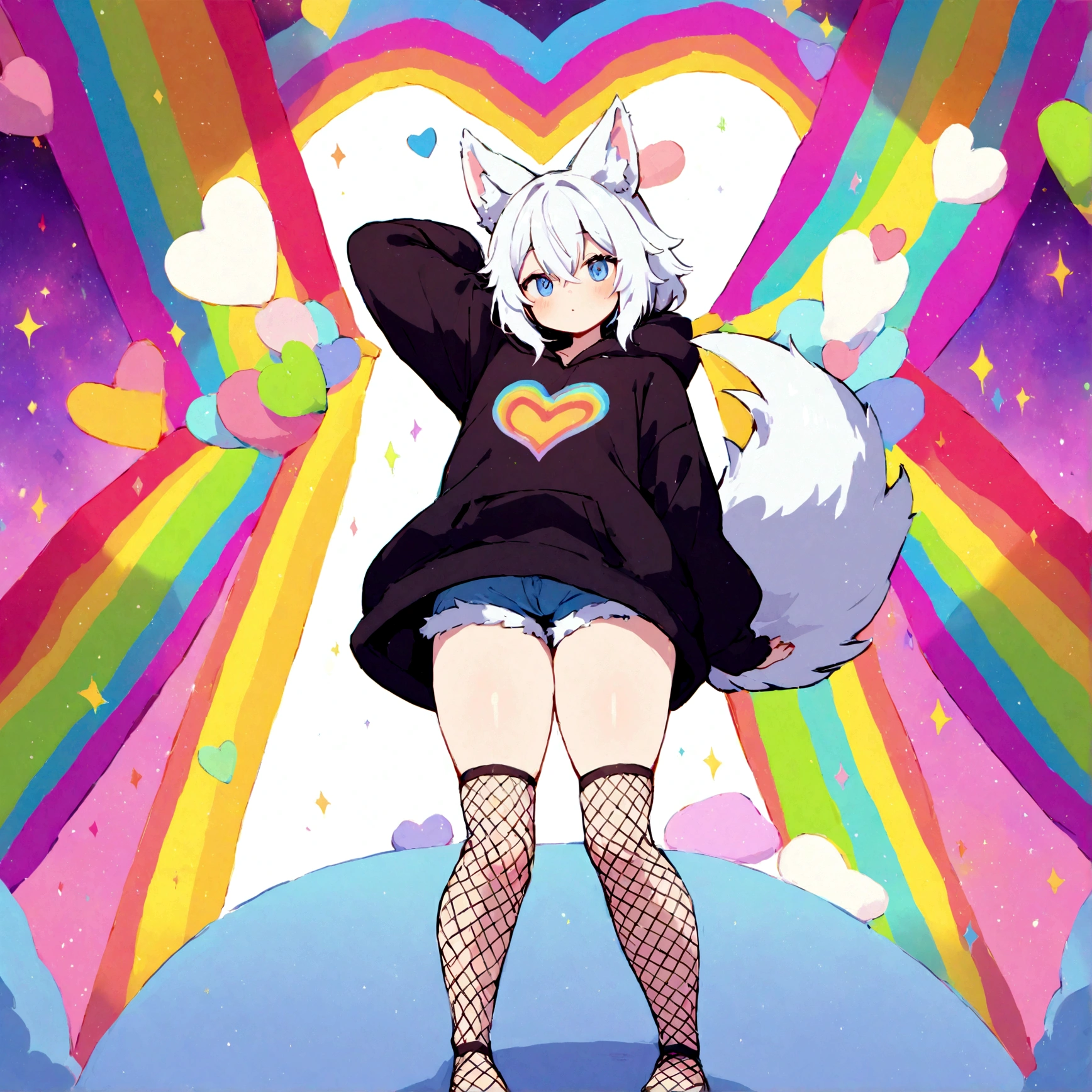 a cute adult male with wolf ears, white hair, has a wolf tail, wearing a loose cropped oversized black hoodie, wearing a pair of denim short shorts and fishnet stockings, thick thighs, wide hips, relaxing on mound of fluffy multi colored kawaii plushies, short, very slim, showing slender tummy, stretching out, heart on hoodie, squishy thighs, has glowing blue eyes. alone, solo (ALONE)(SOLO), surrounded by rainbows, colorful galaxy backround