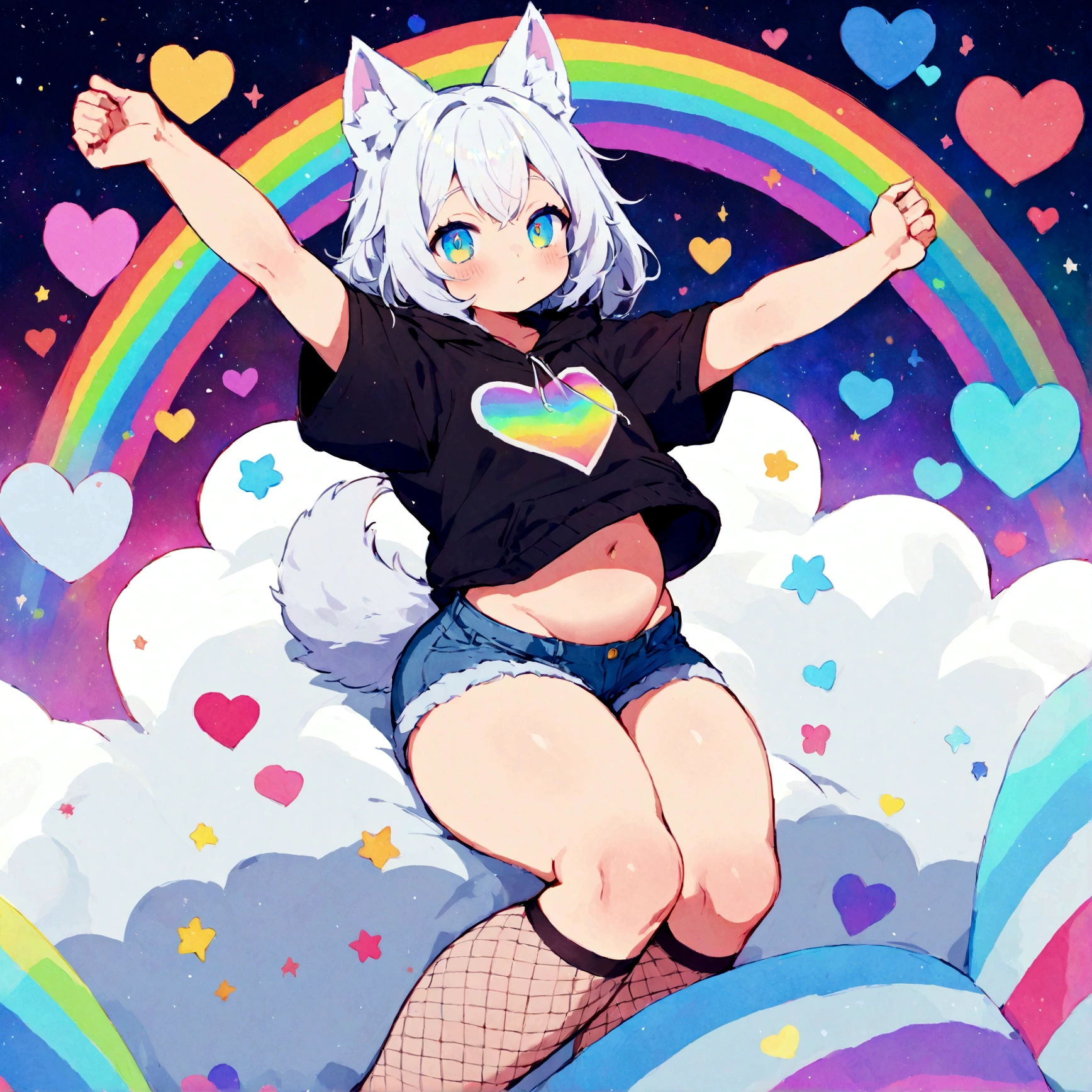a cute adult male with wolf ears, white hair, has a wolf tail, wearing a loose cropped oversized black hoodie, wearing a pair of denim short shorts and fishnet stockings, thick thighs, wide hips, relaxing on mound of fluffy multi colored kawaii plushies, short, very slim, showing slender tummy, stretching out, heart on hoodie, squishy thighs, has glowing blue eyes. alone, solo (ALONE)(SOLO), surrounded by rainbows, colorful galaxy backround