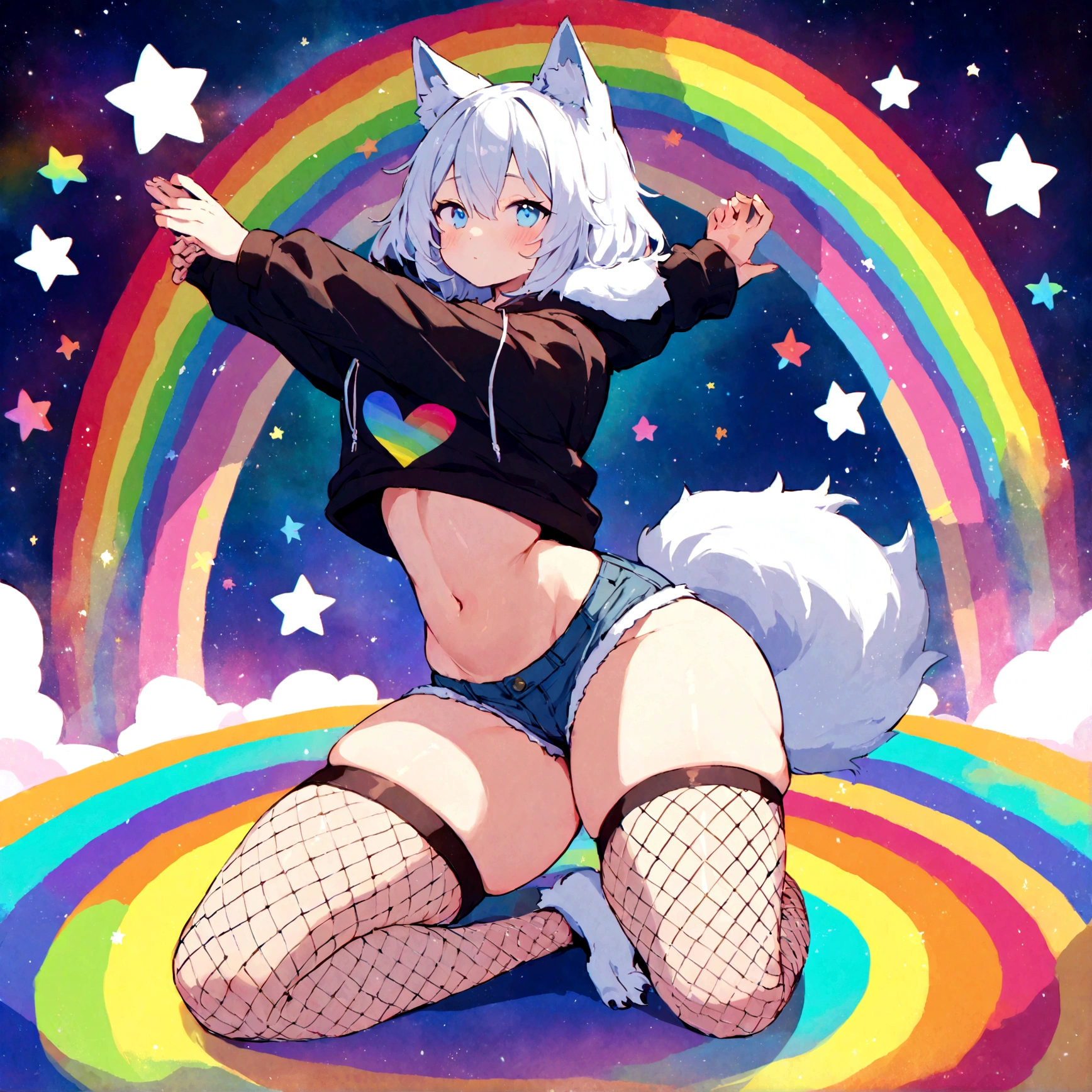 a cute adult male with wolf ears, white hair, has a wolf tail, wearing a loose cropped oversized black hoodie, wearing a pair of denim short shorts and fishnet stockings, thick thighs, wide hips, relaxing on mound of fluffy multi colored kawaii plushies, short, very slim, showing slender tummy, stretching out, heart on hoodie, squishy thighs, has glowing blue eyes. alone, solo (ALONE)(SOLO), surrounded by rainbows, colorful galaxy backround