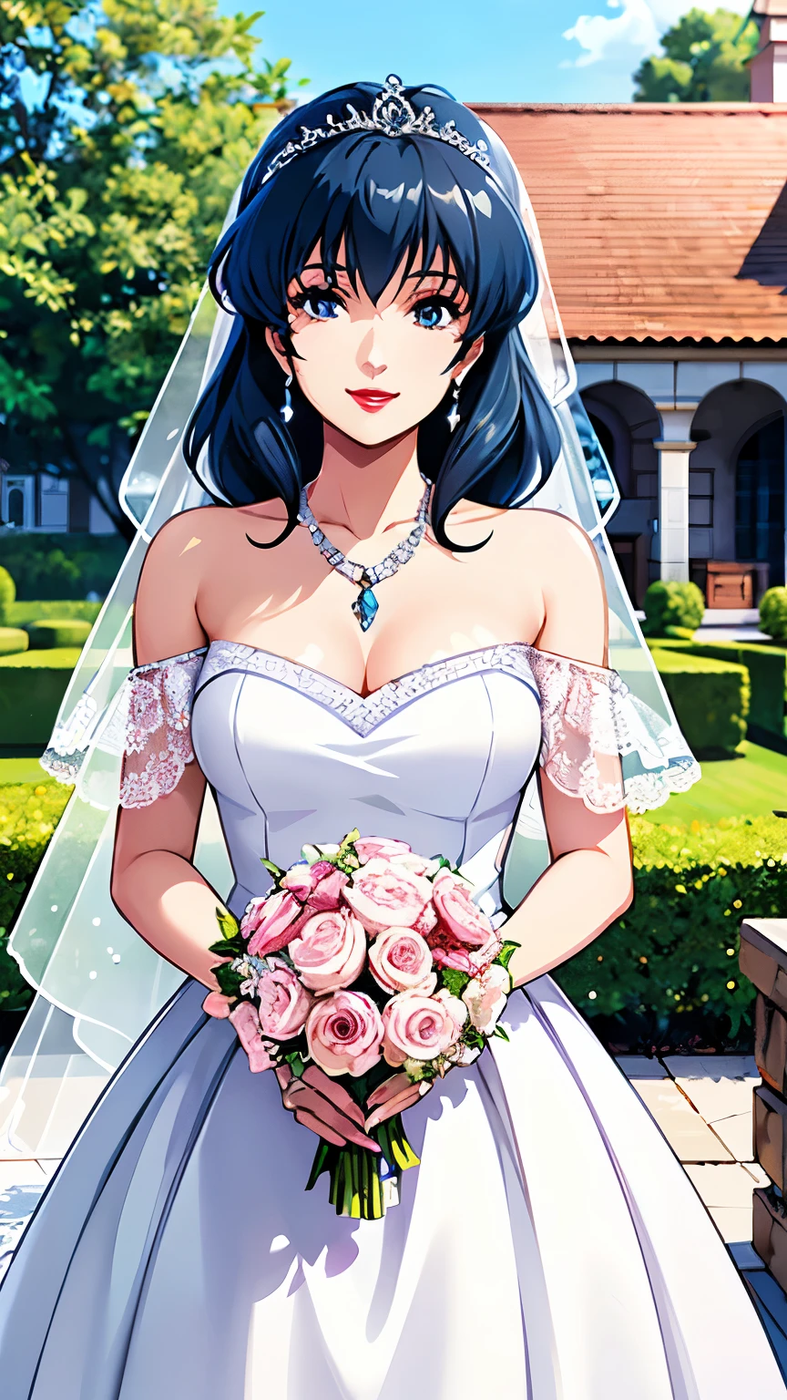 LynnMinmay, 1girl, solo, black hair, ultra-detailed, best quality, masterpiece, illustration, game cg, garden, wedding dress, off the shoulder, necklace, jewelry, lipstick, make-up, light smile