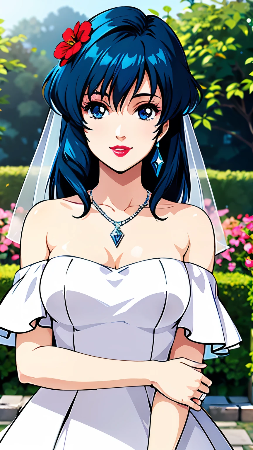 LynnMinmay, 1girl, solo, black hair, ultra-detailed, best quality, masterpiece, illustration, game cg, garden, wedding dress, off the shoulder, necklace, jewelry, lipstick, make-up, light smile